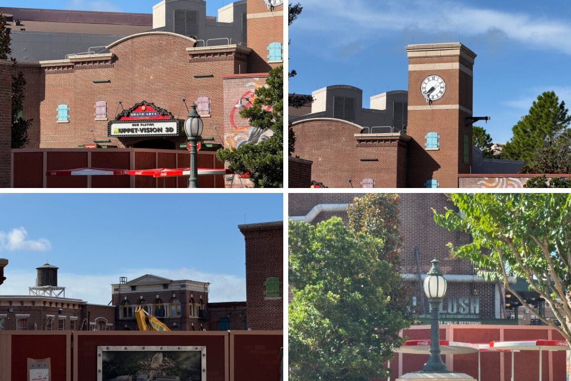 Four views of a brick building under construction at Hollywood Studios, with a clock tower—photo report for 2025.
