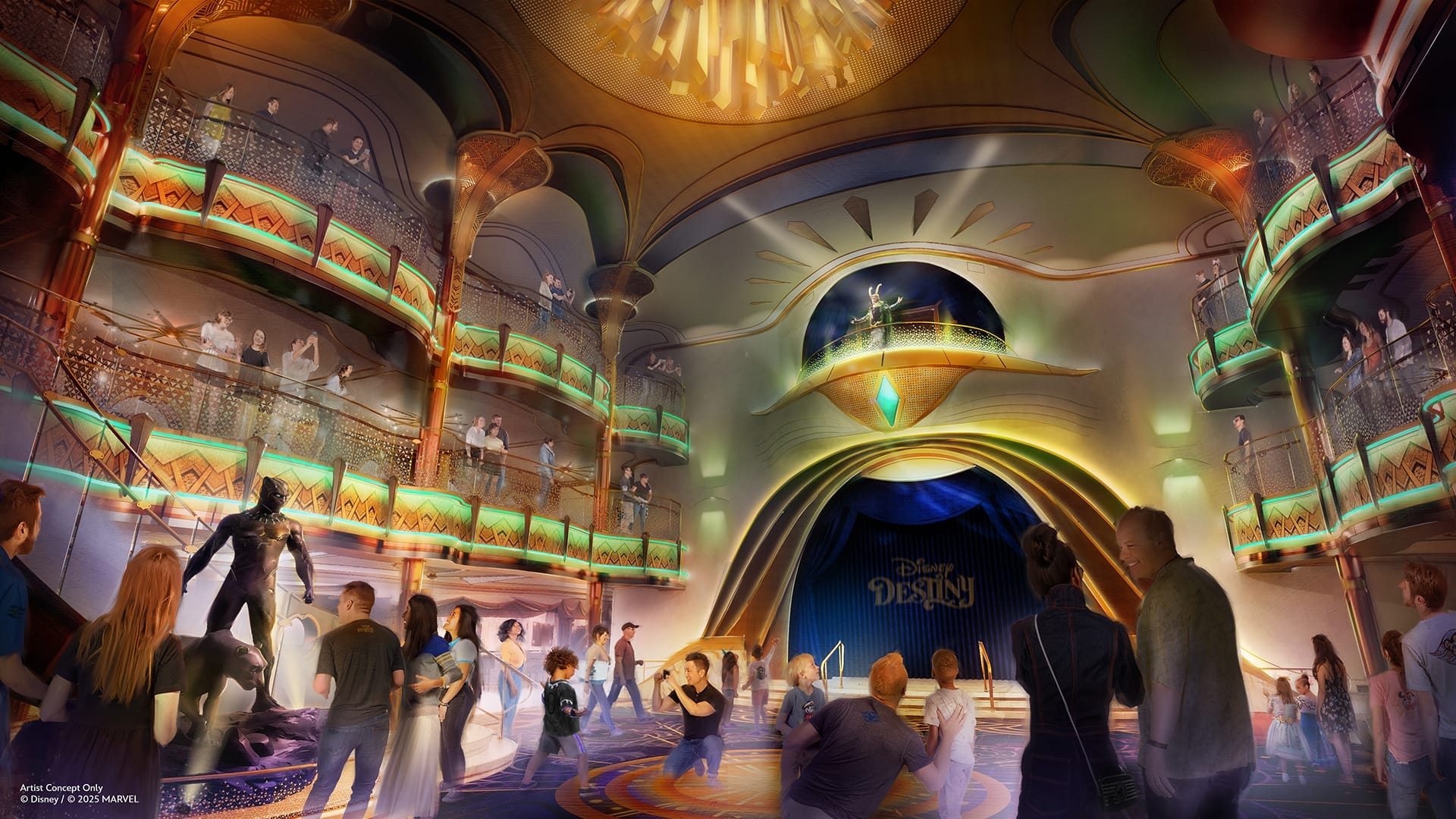 Un teatro vibrante con balcones curvos, haciéndose eco de un gran salón de Disney Destiny, deslumbra bajo una iluminación dramática.