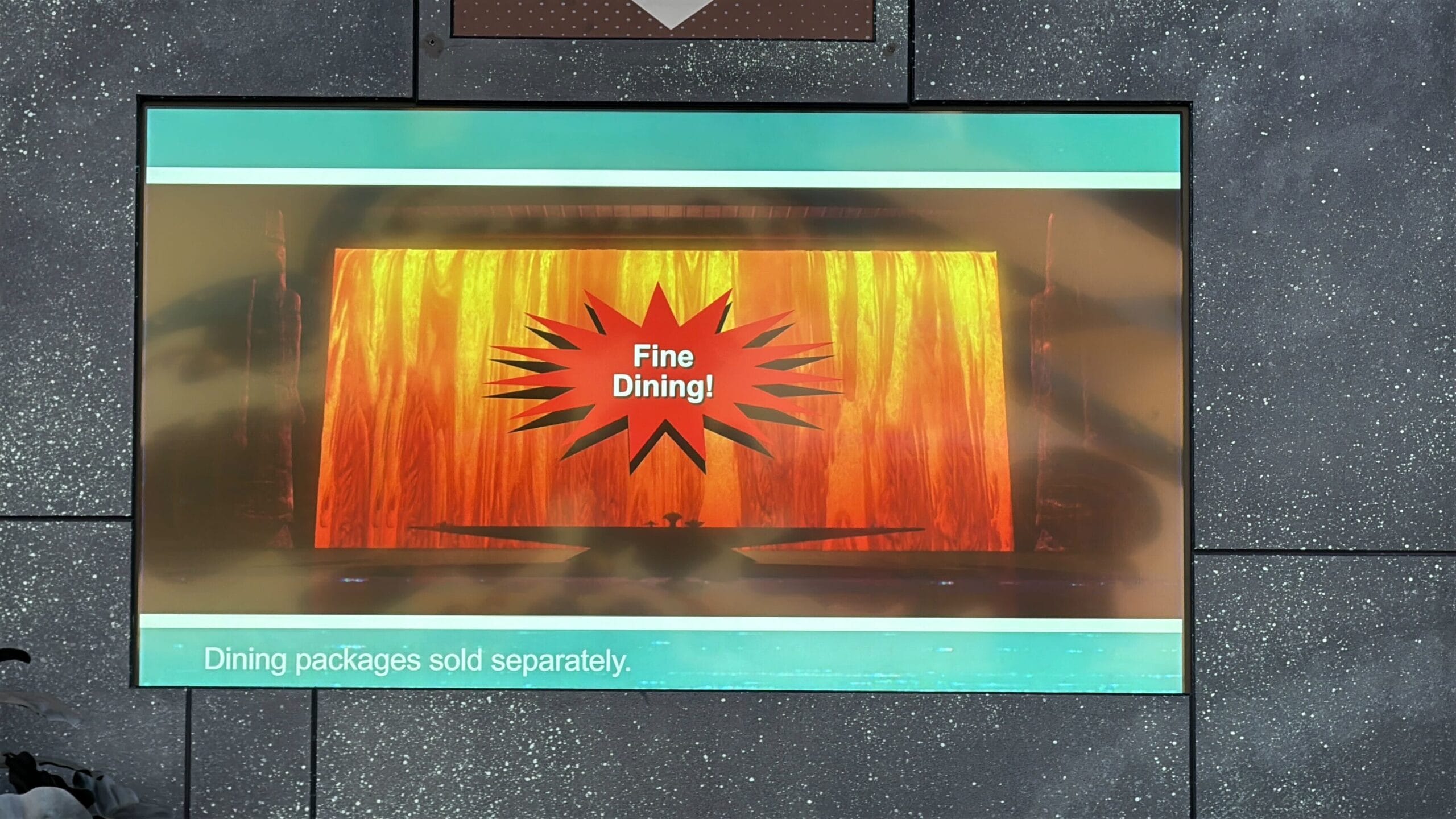 A screen displays "Fine Dining!" on a starburst, hinting at Disney Villains fun. "Dining packages sold separately" below.
