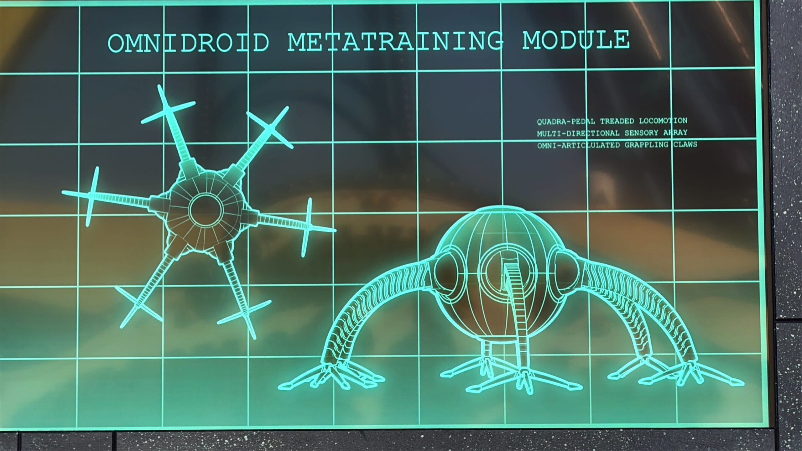 A digital display at Disney shows schematics of a robotic device, hinting at Oogie Boogie Bash Treat Trail Locations.