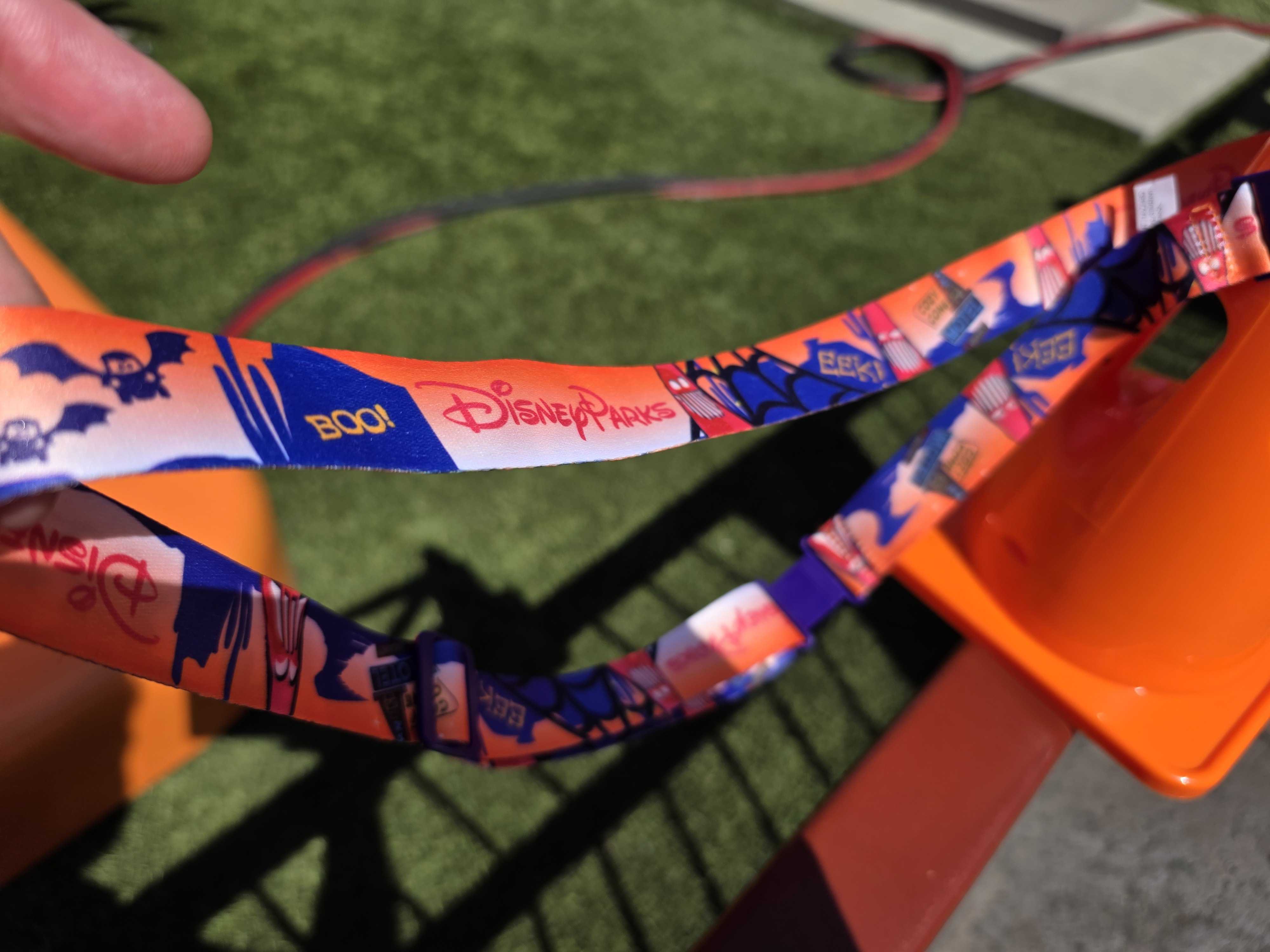A colorful Disney Parks lanyard with Halloween designs and "BOO!" text draped over orange traffic cones.