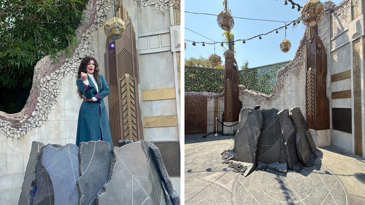A woman in costume stands on a Disney California Adventure stage; the set is empty for Oogie Boogie Bash 2025.
