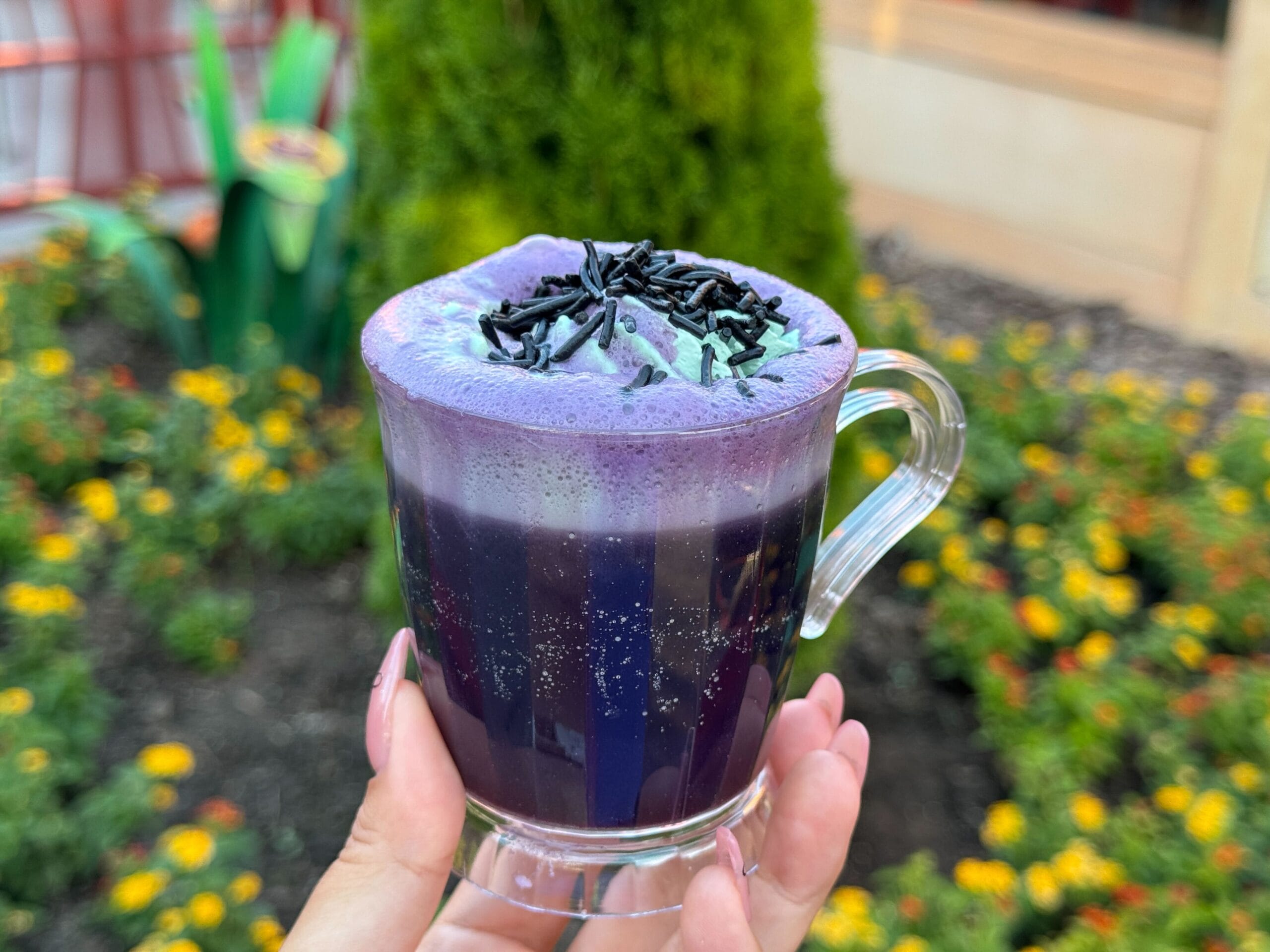 A hand holds a glass cup of a purple layered drink with foam and black sprinkles, outdoors by flowers.