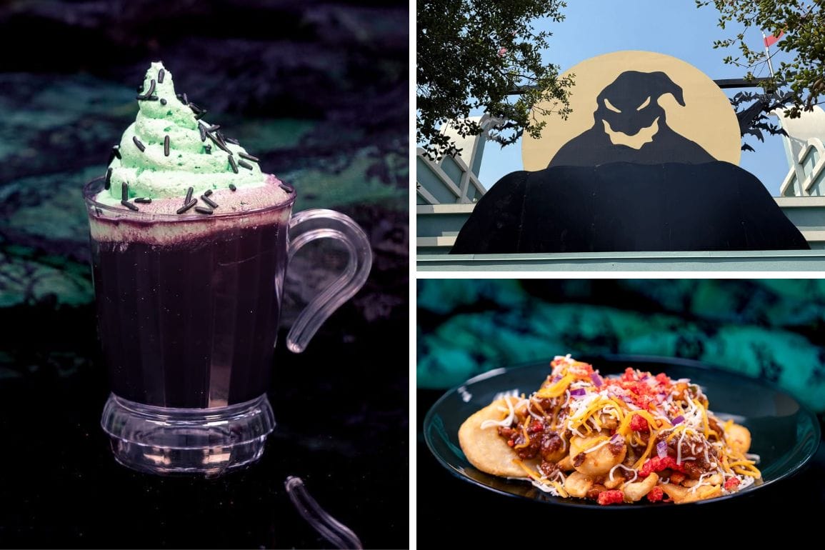 A mug of exclusive beverage with whipped cream, spooky sign, and loaded nachos—perfect for Oogie Boogie Bash 2025.