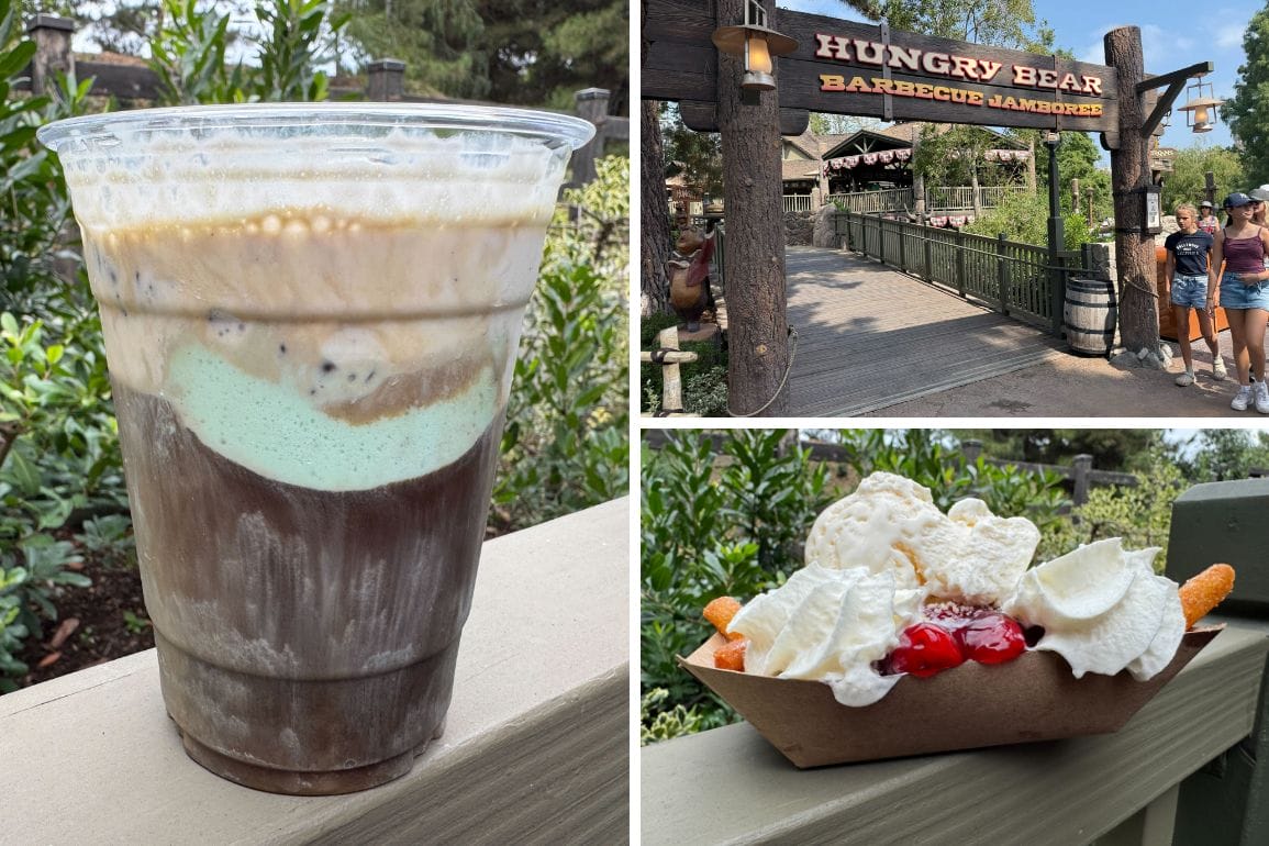 A mint chocolate float, funnel cake fries, and more await at Hungry Bear Barbecue during Disneyland’s Jamboree Halloween.