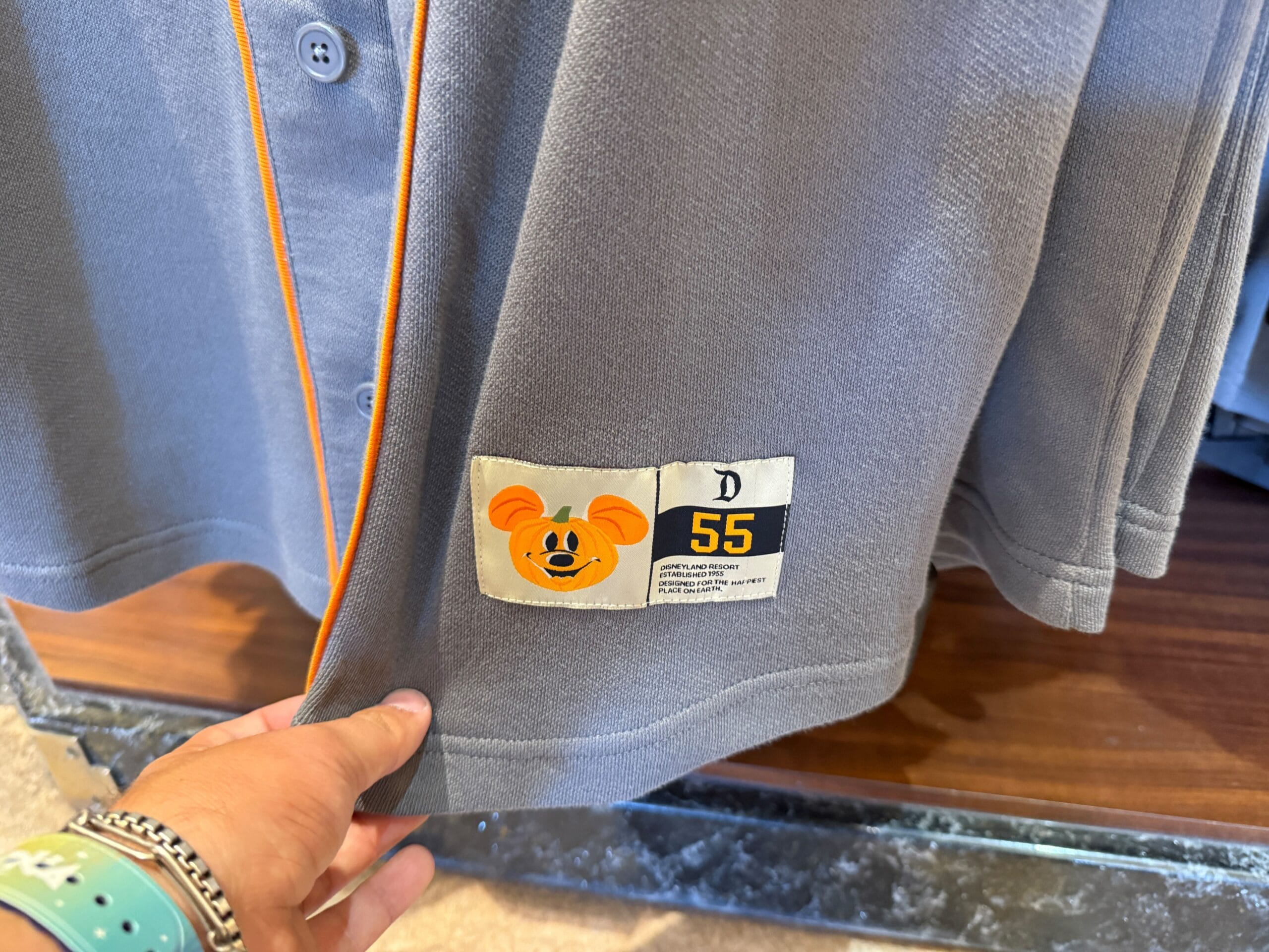 A hand holds a gray Disneyland shirt with a Mickey Mouse patch, letter D, and number 55 on the bottom corner.