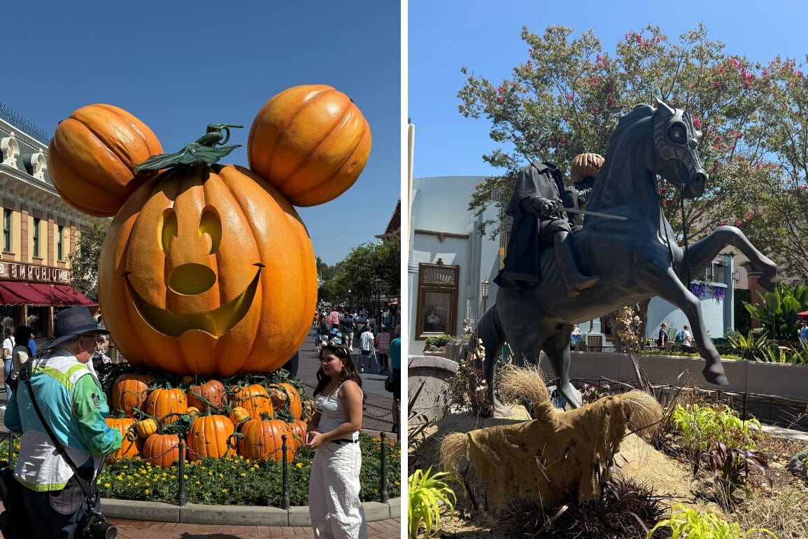 Left: Giant Mickey Jack-o'-Lantern; right: Headless Horseman statue—Halloween 2025 decor at Disneyland, people nearby.