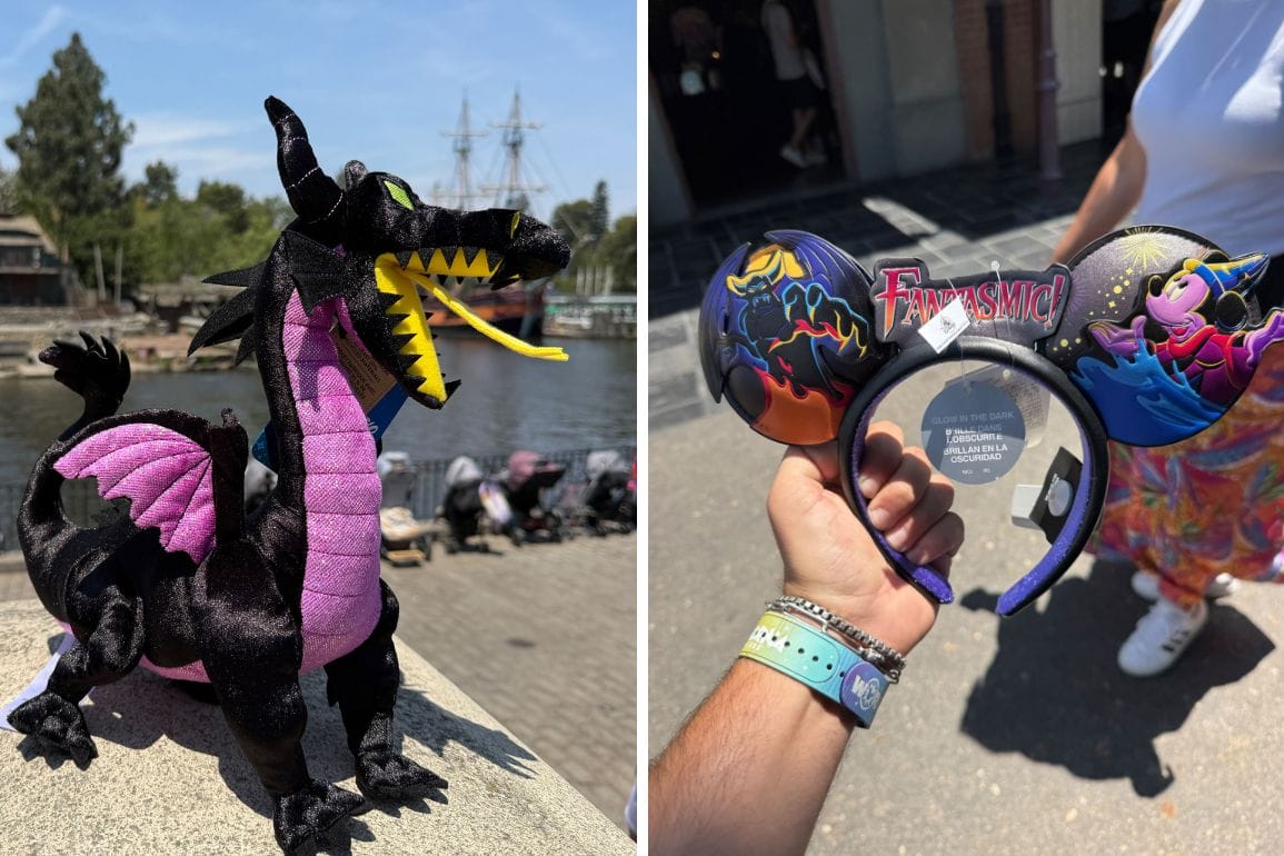 A Maleficent Dragon Plush sits by water as a Fantasmic Ear Headband shines in the sun at Disneyland Resort.