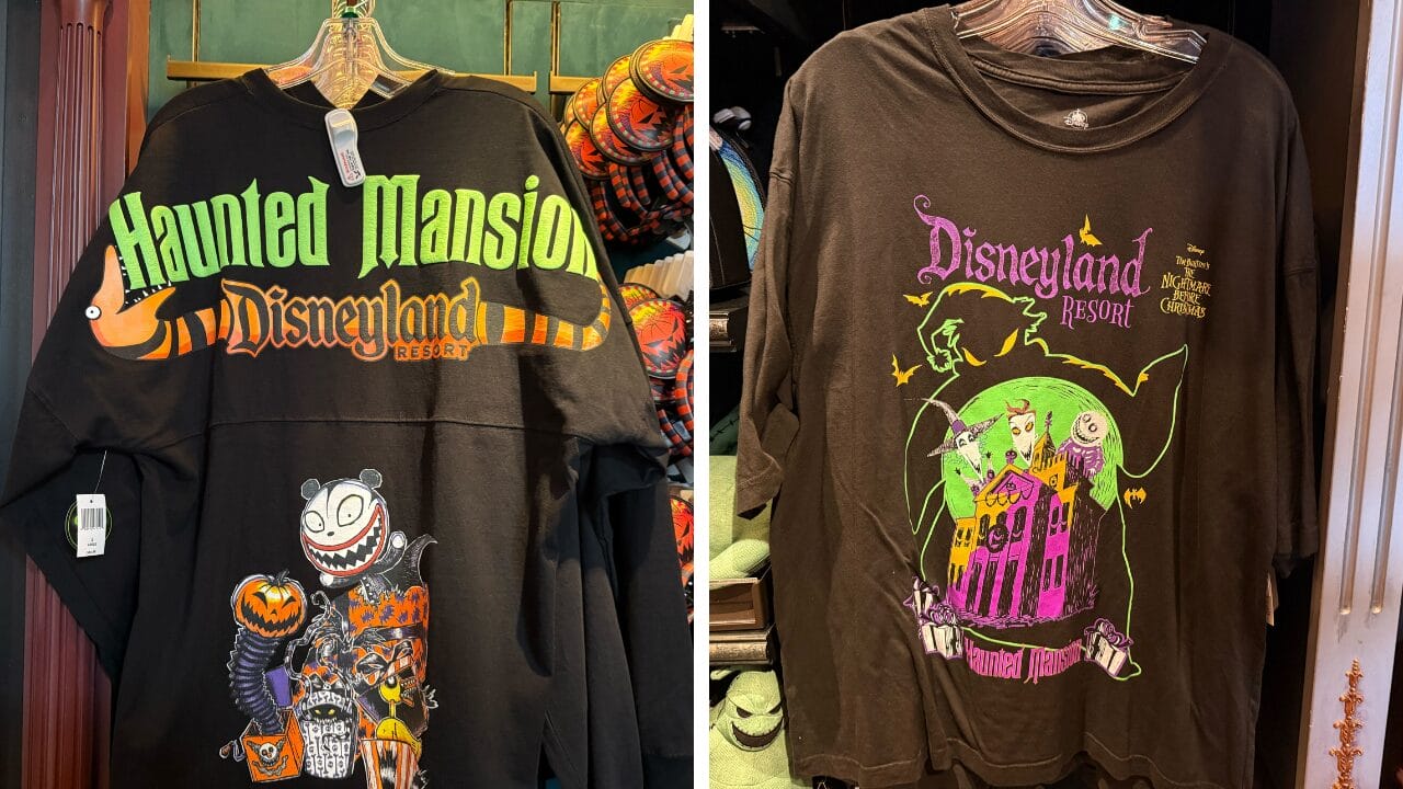 Two black Disneyland shirts: one with a Haunted Mansion theme, the other with colorful spooky graphics and Disneyland text.