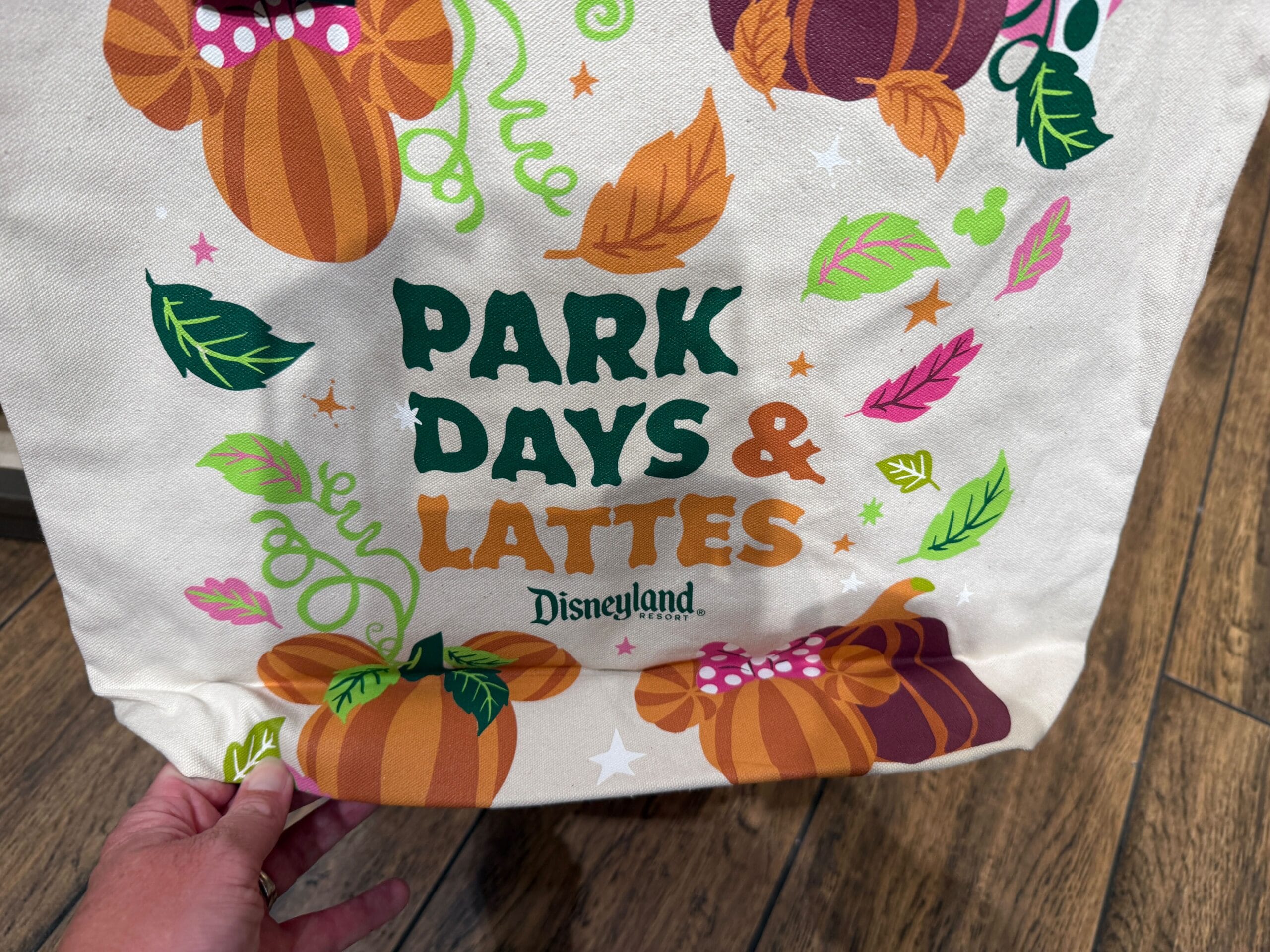 A hand holds a Disneyland Resort tote bag with pumpkins and "Park Days & Lattes"—perfect for Starbucks Pumpkin Spice fans.