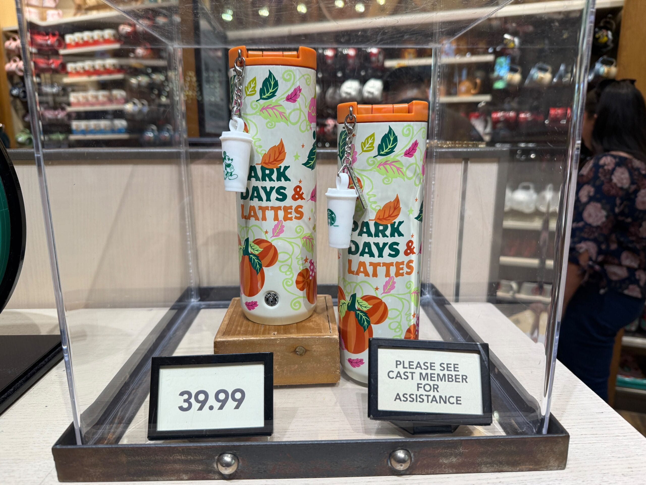 Two colorful "Park Days & Lattes" Starbucks tumblers at Disneyland Resort, displayed with a $39.99 price tag.
