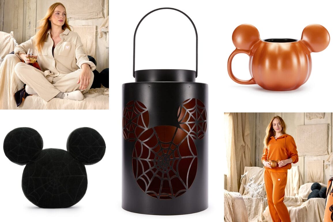 Collage of Disney Store Halloween Home Goods: mugs, pillow, lantern, and a woman in orange neutral loungewear apparel.