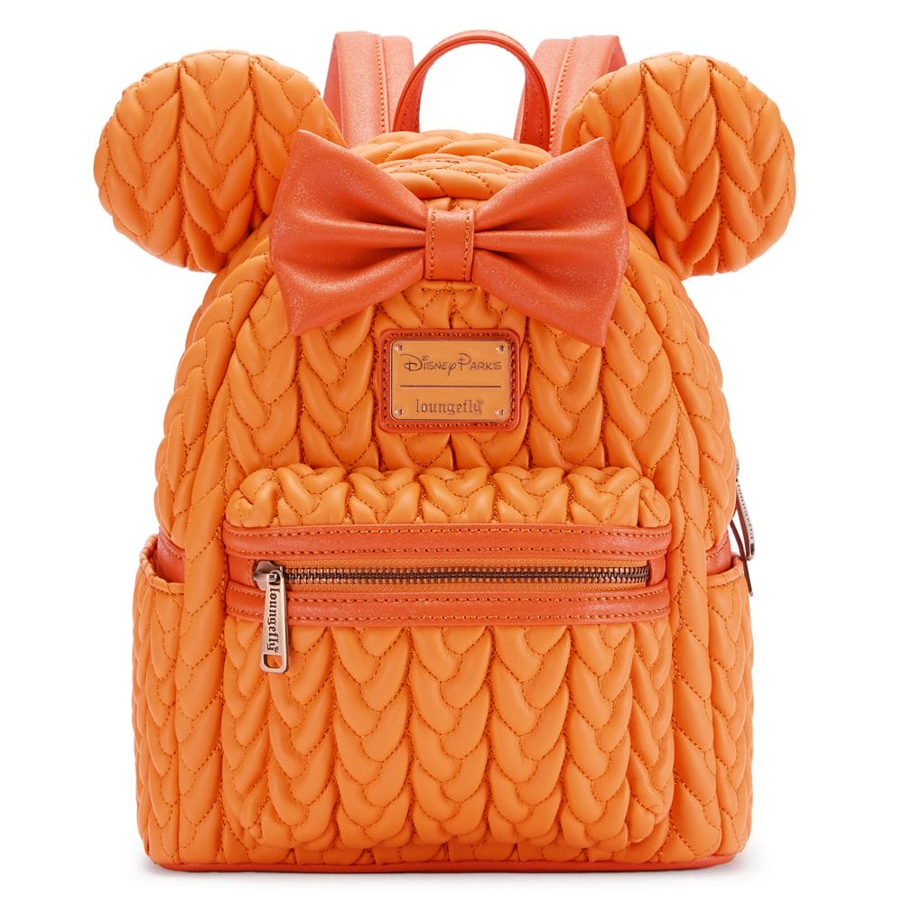 Orange quilted backpack with Mickey Mouse ears, bow, and two front zip pockets; Pumpkin Spice vibes from Disney Store.