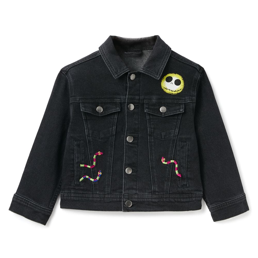 Black denim jacket with a stitched Jack Skellington face on the chest and colorful embroidered snakes near the pockets.