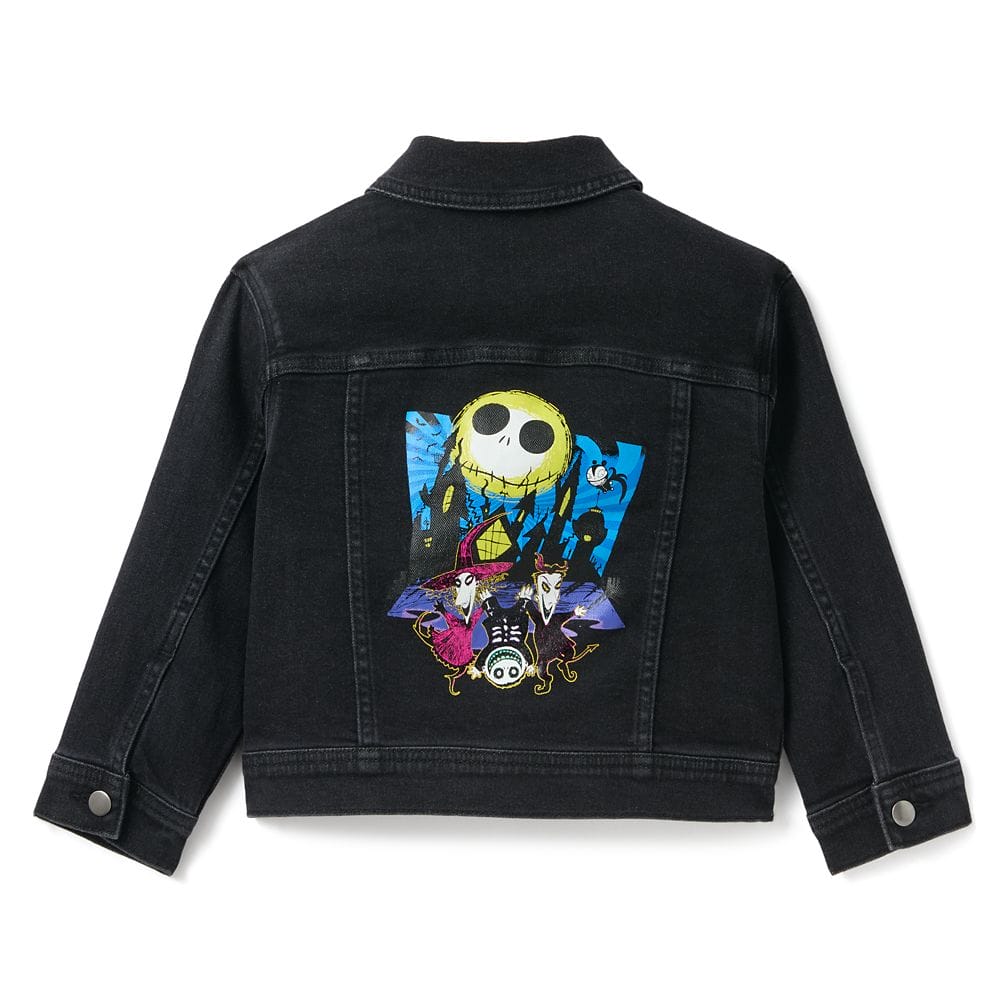 Black denim jacket with a colorful "The Nightmare Before Christmas" graphic featuring Jack Skellington on the back.