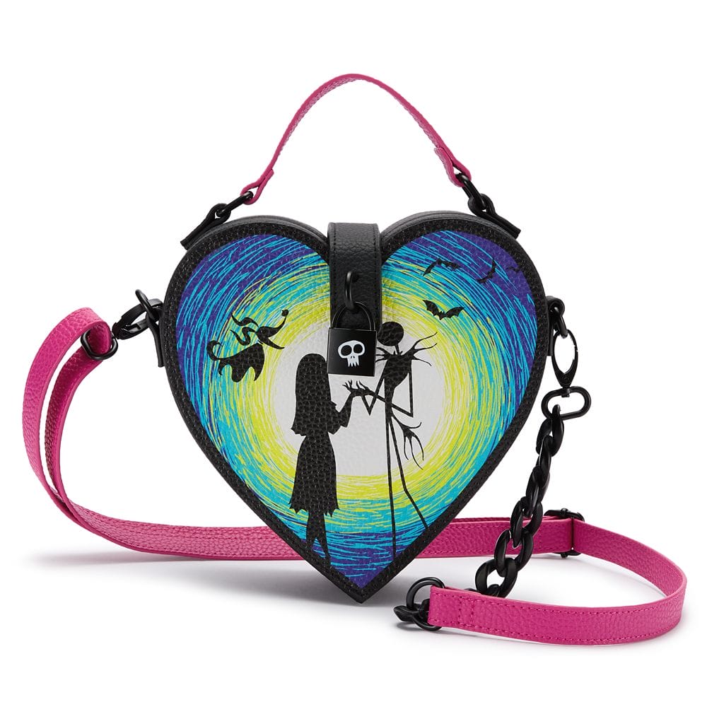 Heart-shaped bag with pink straps, featuring silhouetted figures against a colorful, swirling background.