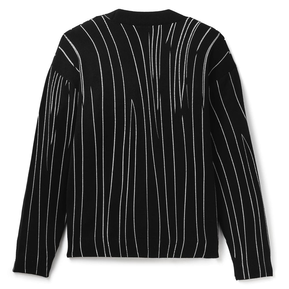 Black sweater with white irregular vertical lines forming an abstract striped pattern, shown from the back.