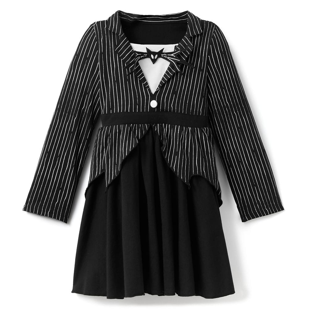 Black dress with white pinstripes, long sleeves, a cutout front, and a layered skirt with a pointed overlay.
