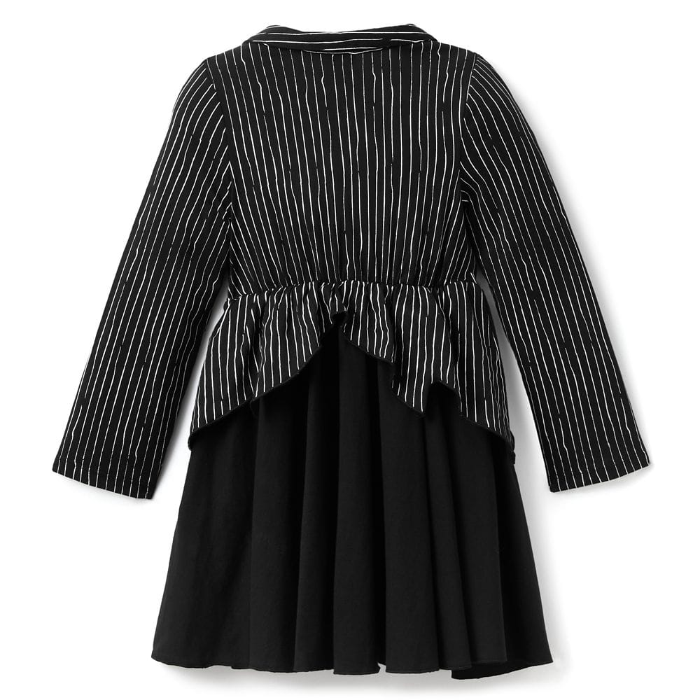 Black long-sleeve dress with white vertical pinstripes on top and plain black pleated skirt, viewed from the back.