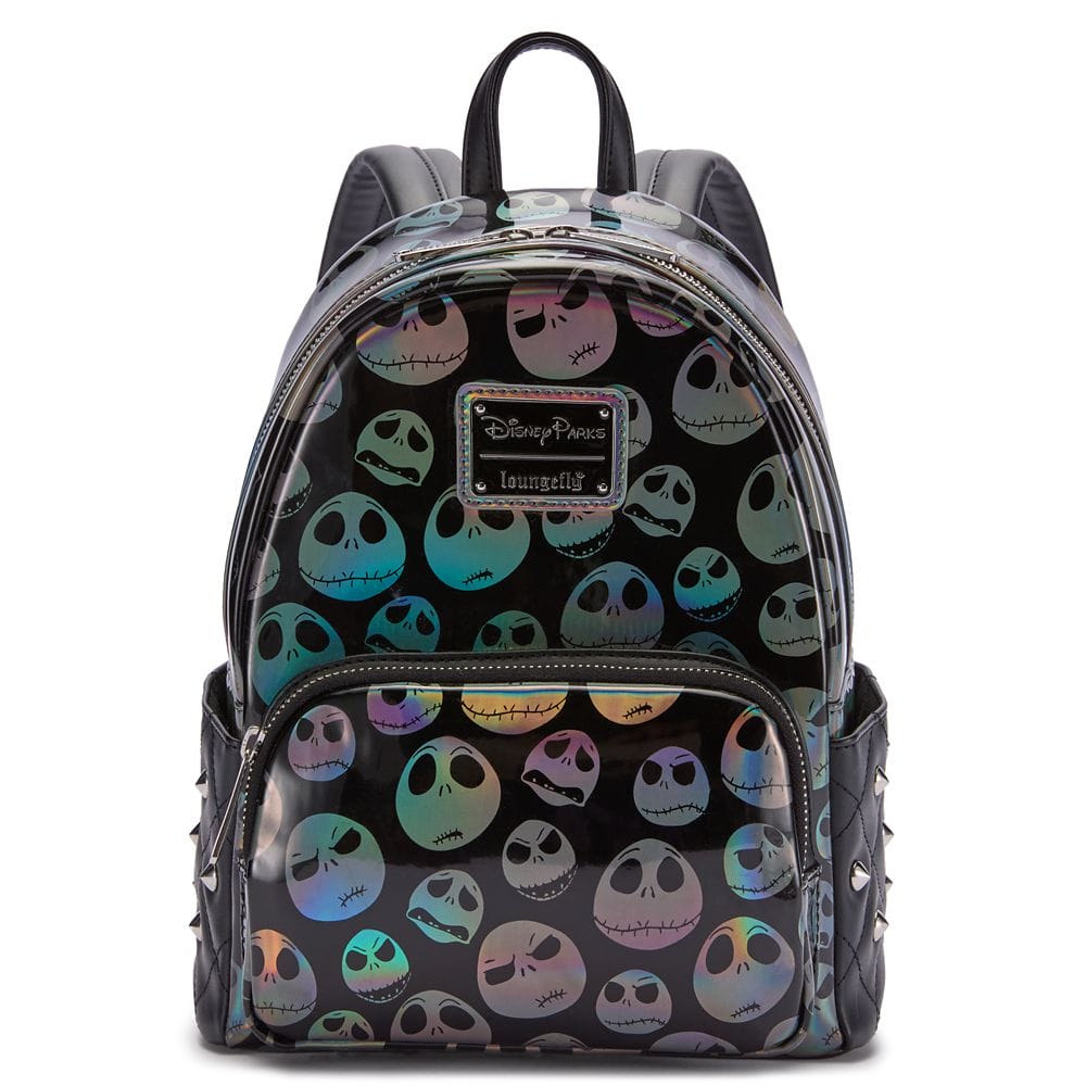 A black backpack with iridescent Jack Skellington faces and a Disney Loungefly logo on the front pocket.