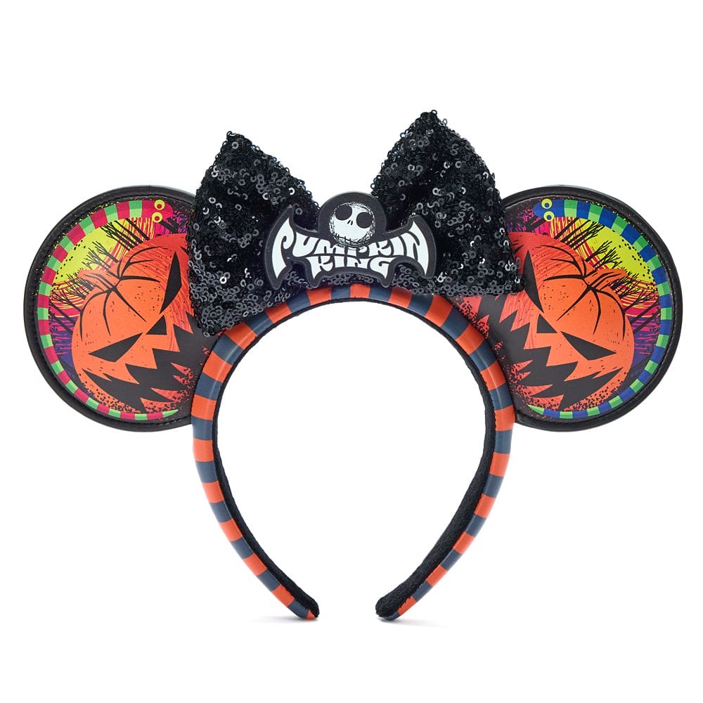 Halloween-themed Mickey ears headband with Jack Skellington, pumpkins, and a black sequin bow.