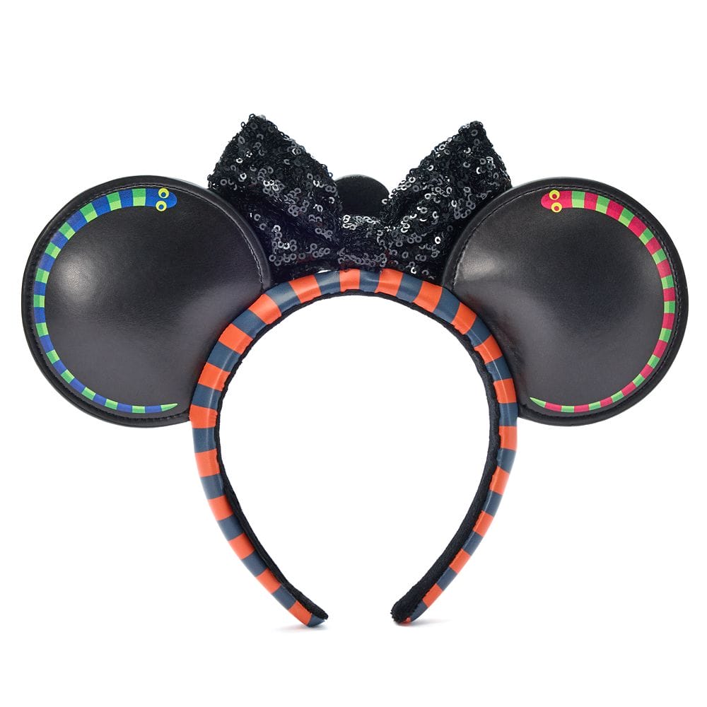 Black mouse ear headband with orange stripes, colorful trim on ears, and a black sequin bow in the center.