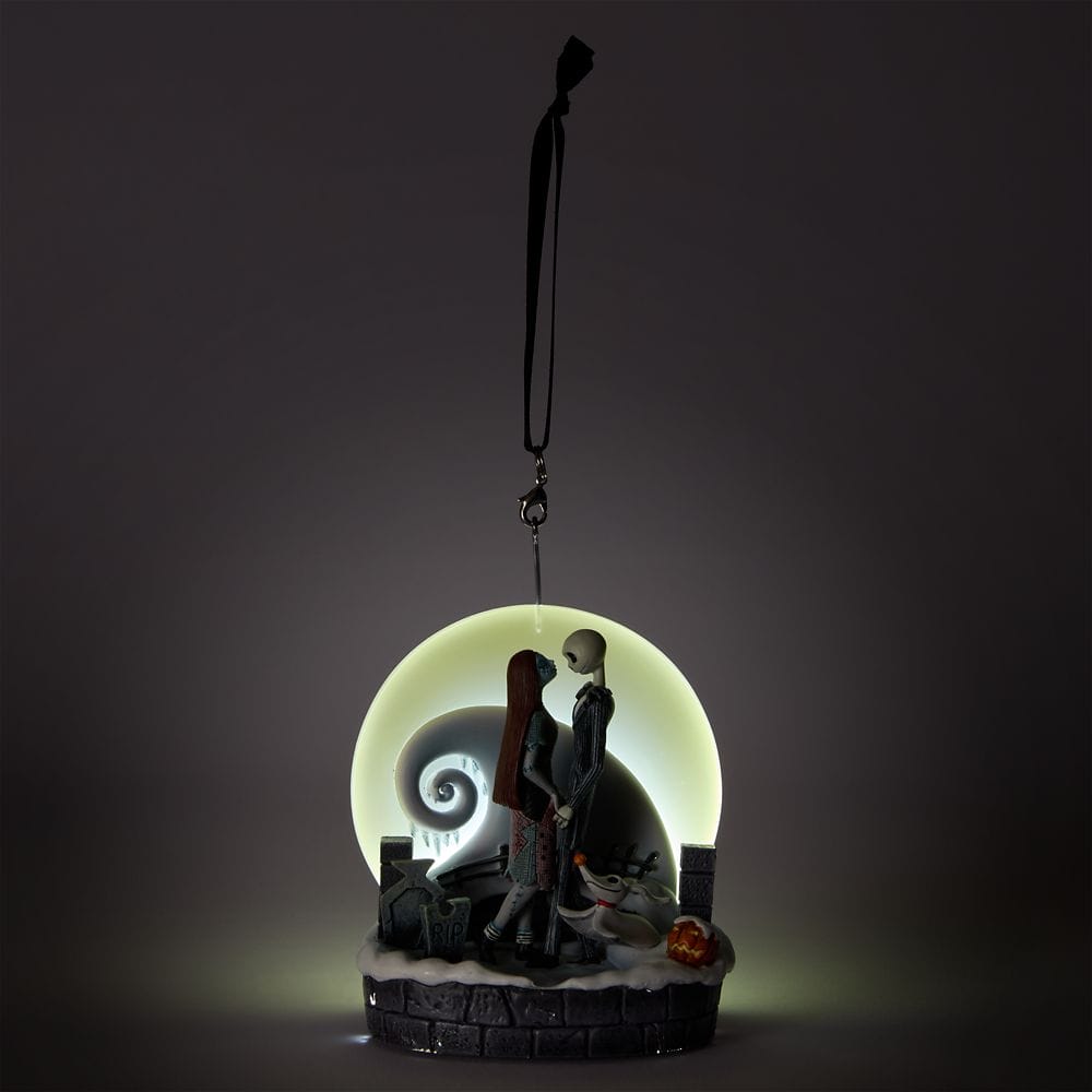 Jack Skellington and Sally stand together in front of a glowing moon, inspired by The Nightmare Before Christmas.