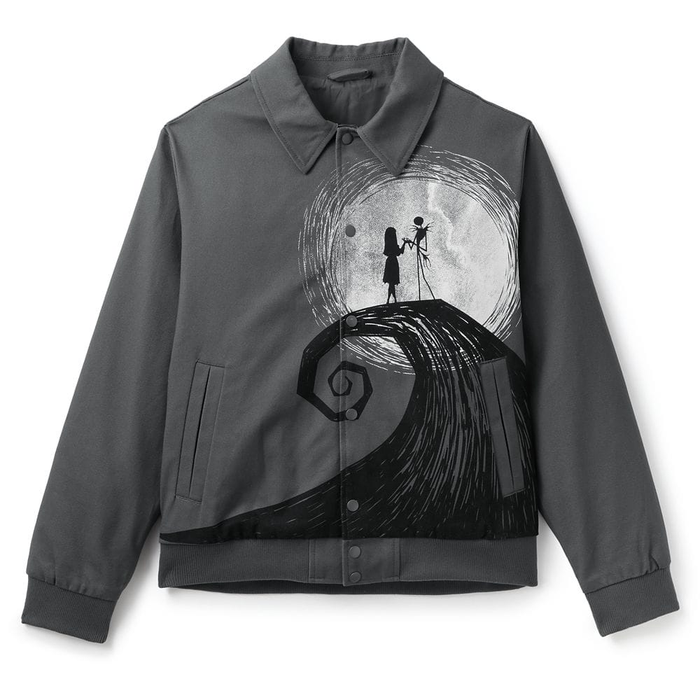 Gray jacket featuring a silhouetted scene from "The Nightmare Before Christmas" with Jack and Sally on a curly hill.