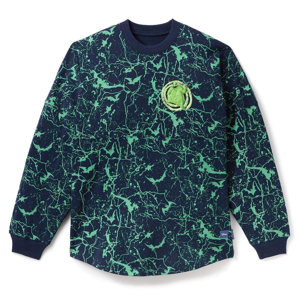 Navy blue sweatshirt with a neon green splatter pattern and a circular green logo on the left chest.