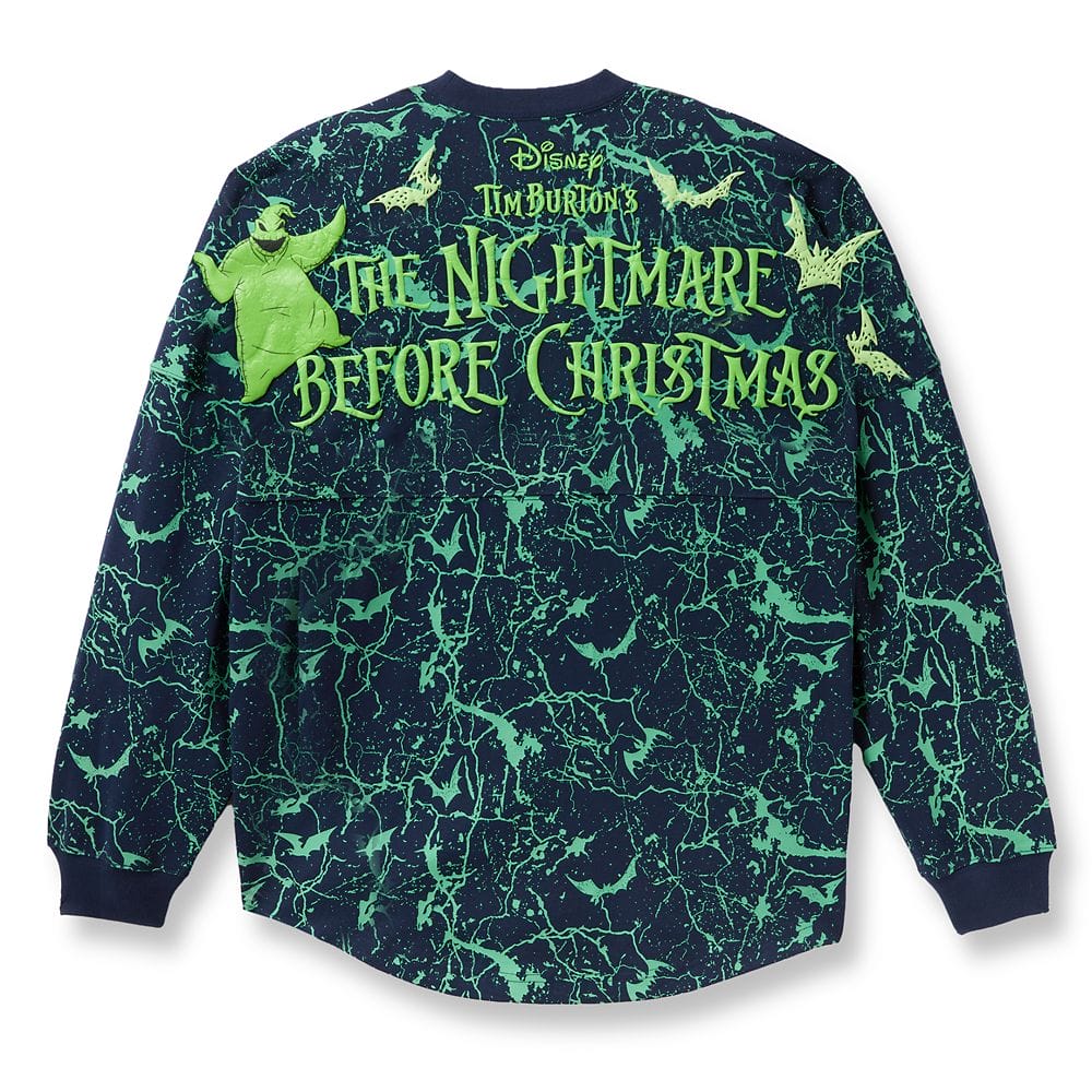 Navy and green long-sleeve shirt with “The Nightmare Before Christmas” and Oogie Boogie graphic on the back.