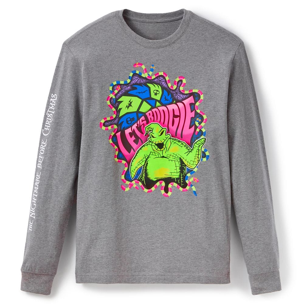 Gray long-sleeve shirt with a colorful "Let's Boogie" graphic and a neon green monster on the front, text on the sleeve.