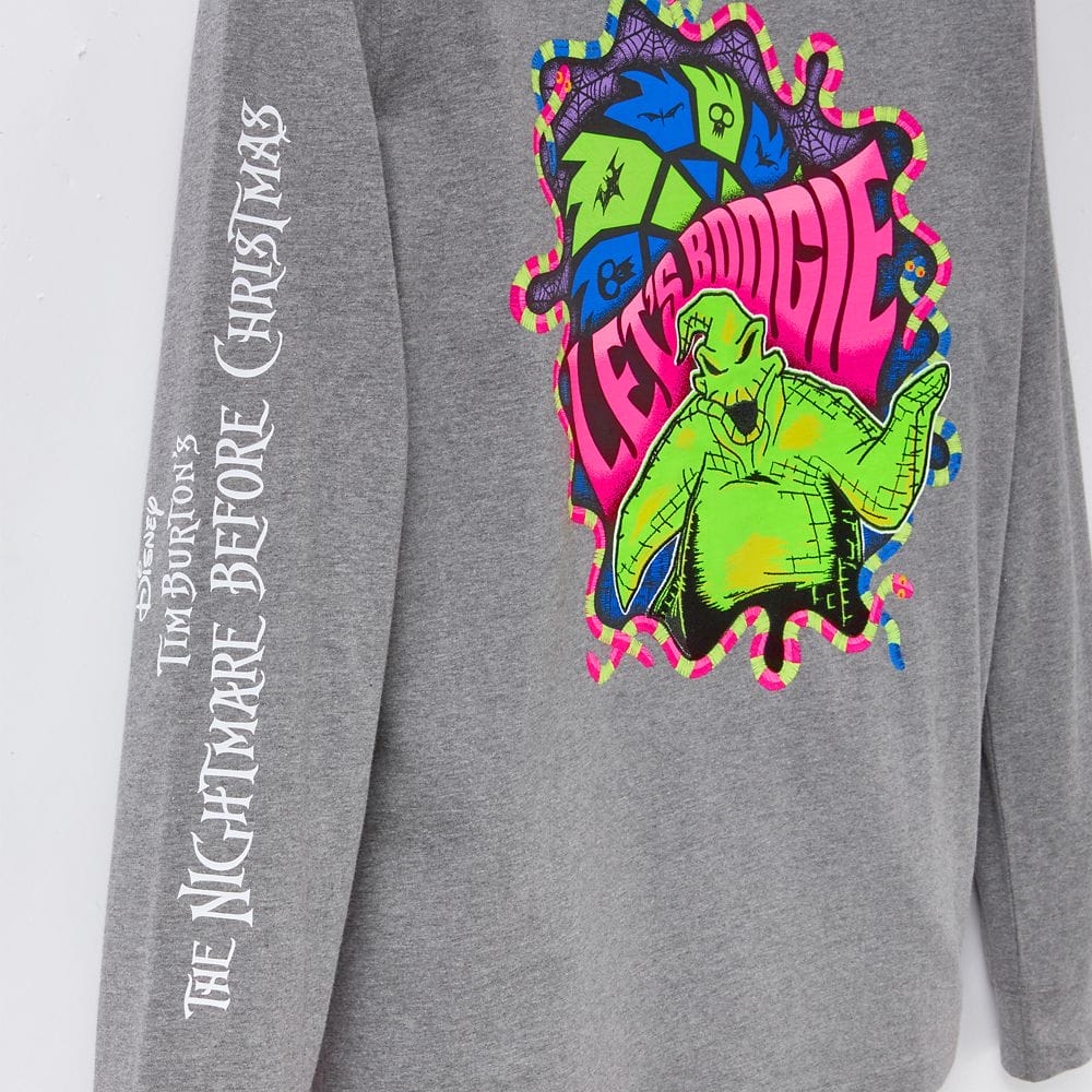 Gray shirt with Oogie Boogie and colorful "Let's Boogie" text; sleeve reads "The Nightmare Before Christmas.