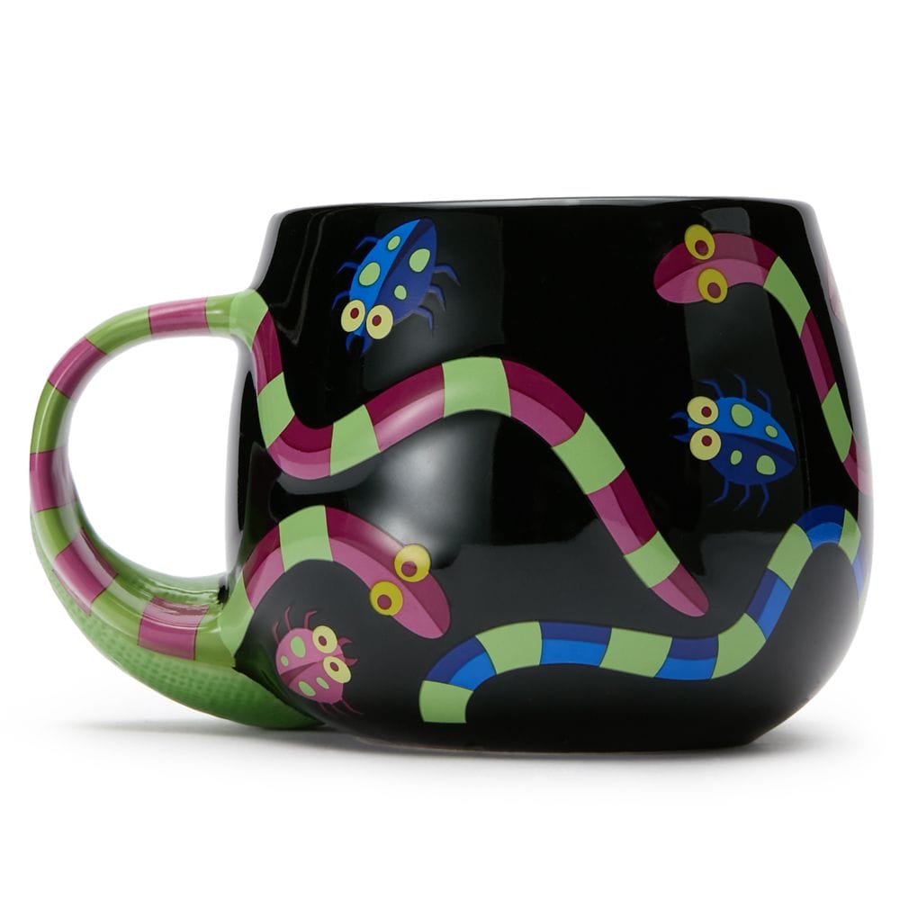 Black mug with colorful, striped snake and bug designs in pink, green, and blue wrapping around the mug and handle.
