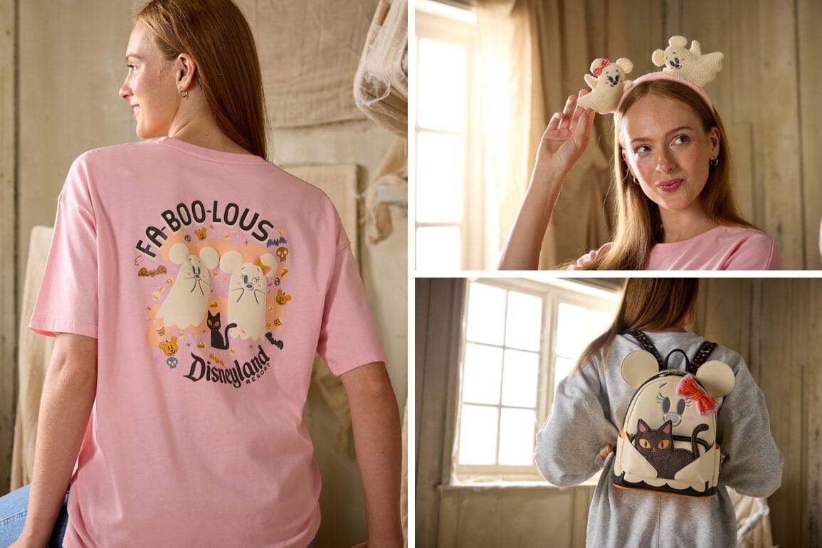 Woman models Disney Store Cutie Ghost Halloween shirt, headband, and backpack with pastel cat designs in a cozy room.