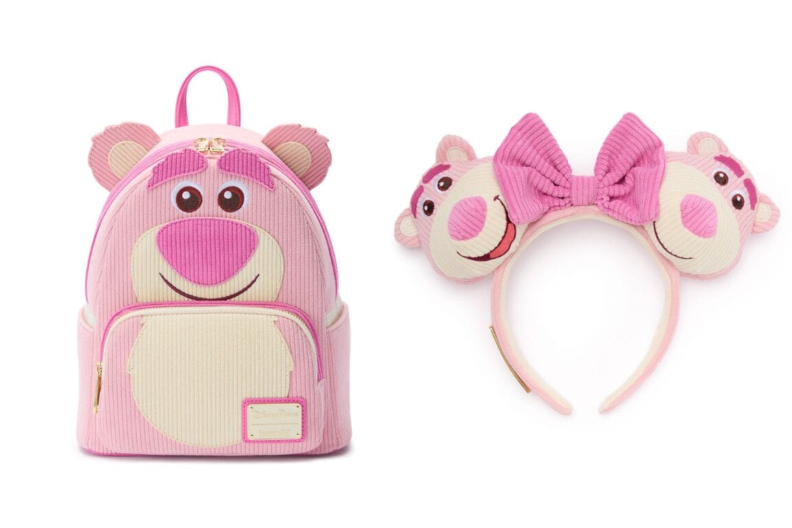 Pastel pink Loungefly Lotso Backpack and ear headband with cute bear face, ears, and bows for a charming look.