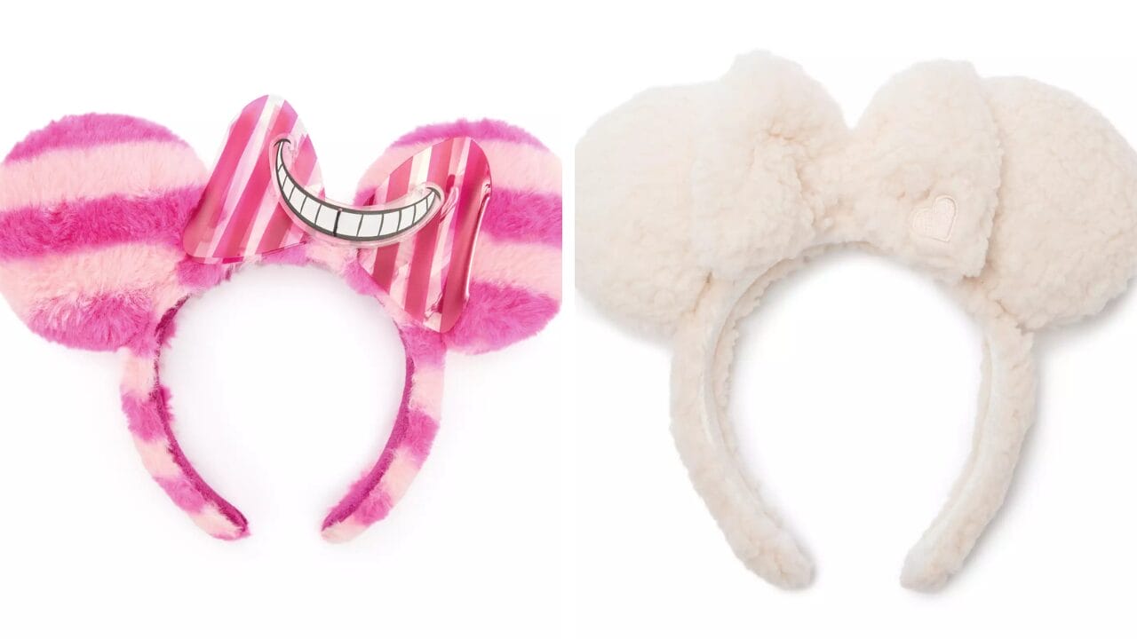 Two fuzzy Minnie Mouse Ear Headbands: one pink Cheshire Cat striped, one white with a bow—Disney Store exclusives.