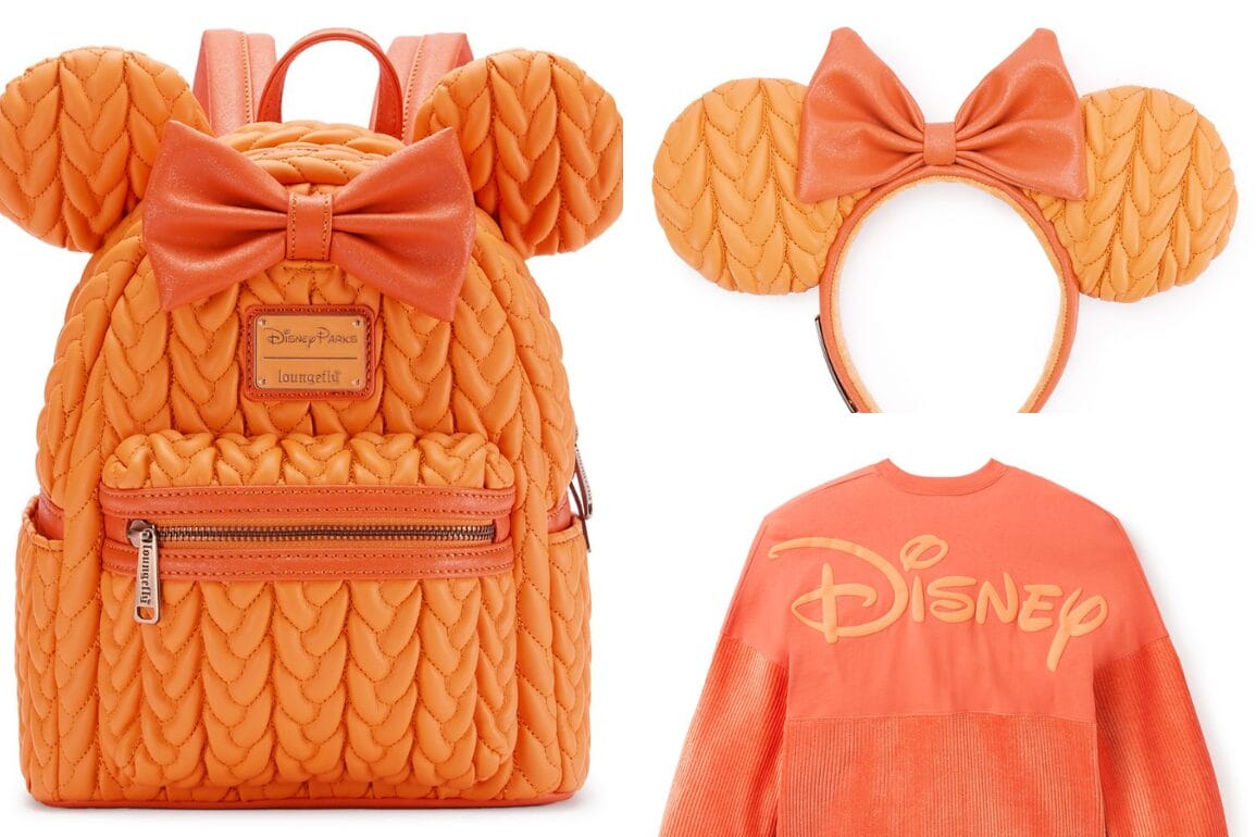 Orange Disney backpack with mouse ears and bow from the Pumpkin Spice Collection, plus matching headband and "Disney" sweatshirt.