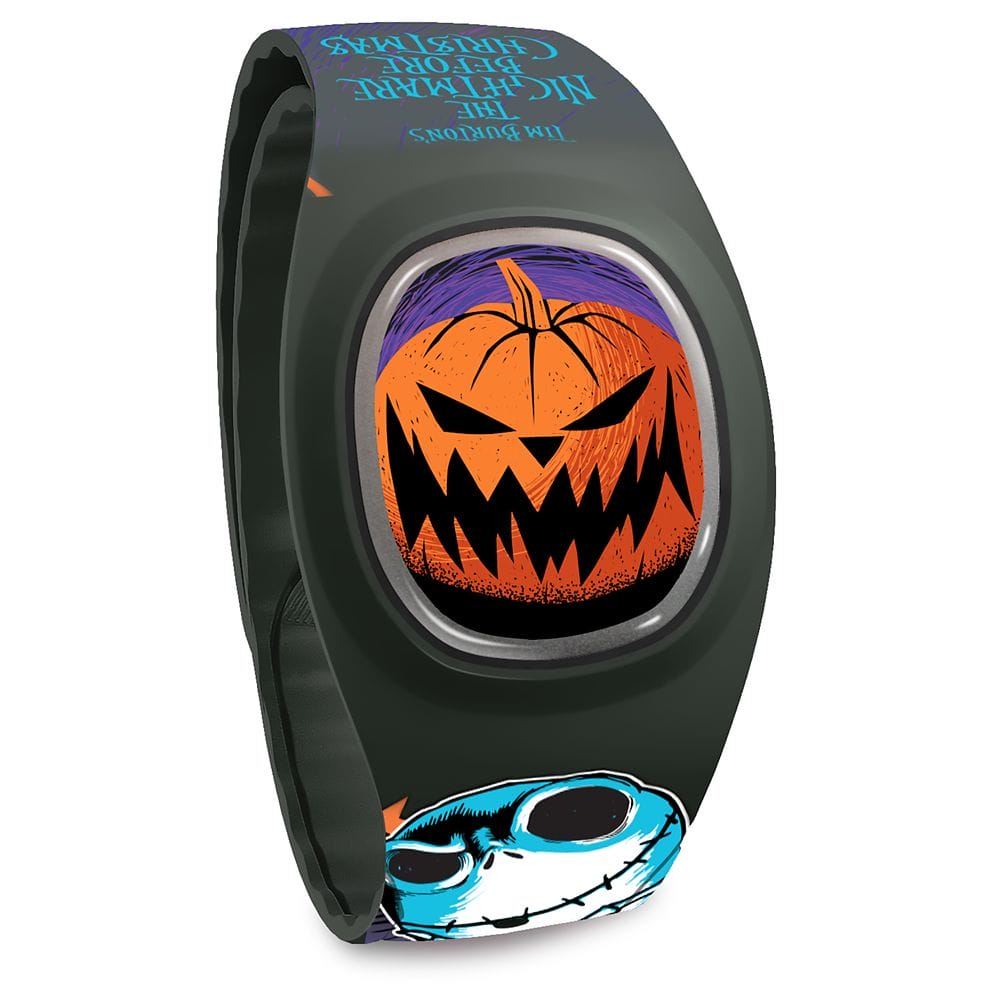 Black wristband featuring a grinning jack-o’-lantern and a blue skull design from The Nightmare Before Christmas.