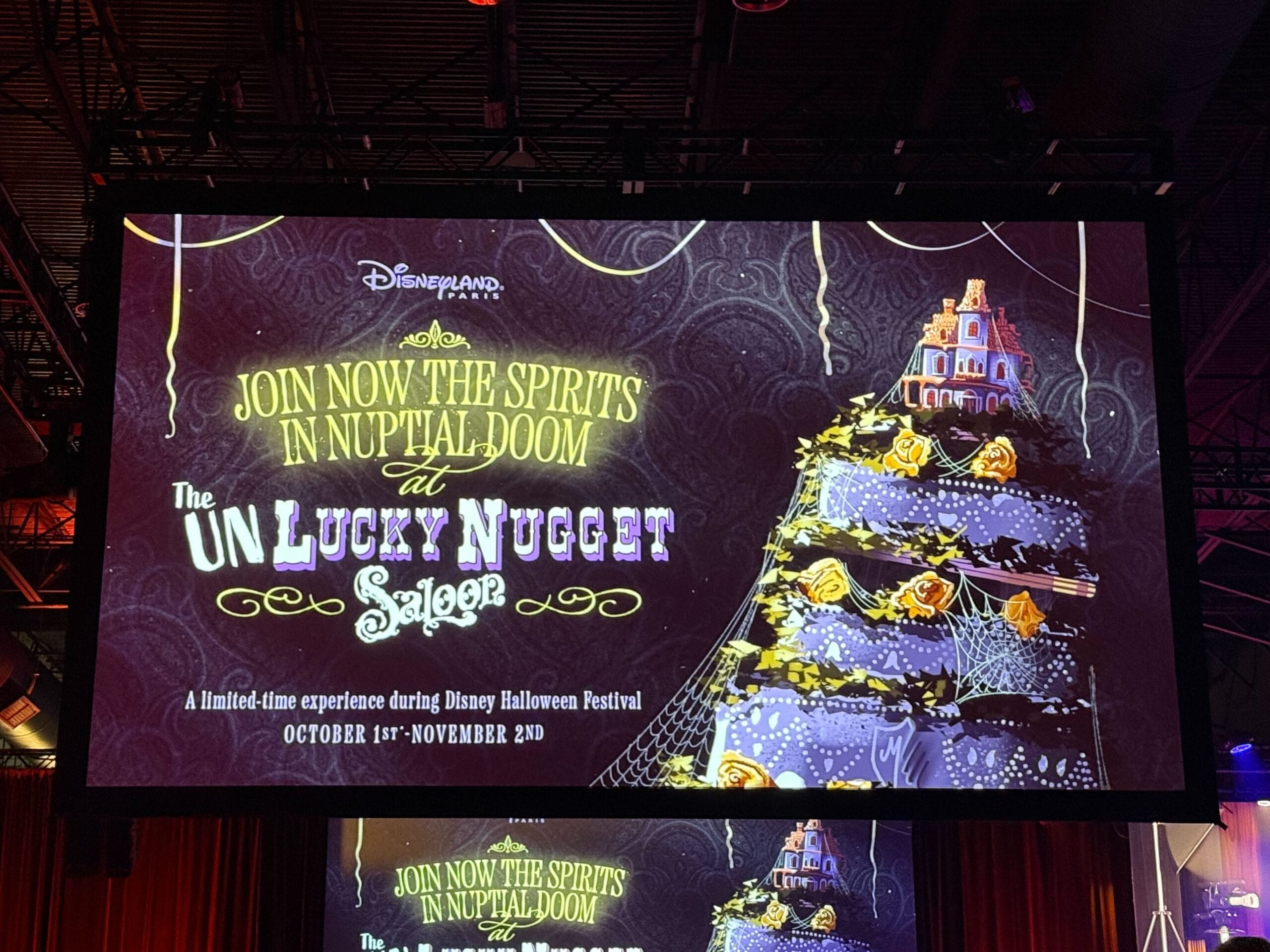 Disneyland Paris ad features a haunted wedding cake for "Nuptial Doom" at Unlucky Nugget Saloon, Oct 1–Nov 2.