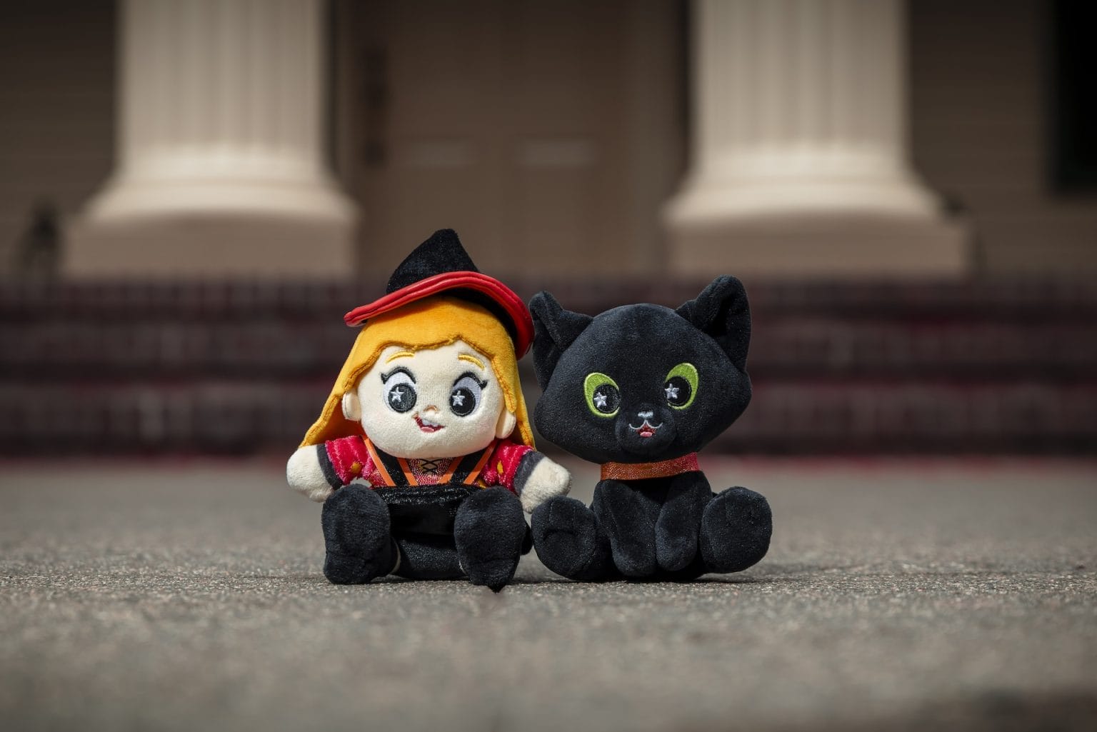 Two plush shimmer wishables toys, a girl in a witch costume and a black cat, sit side by side on the pavement.