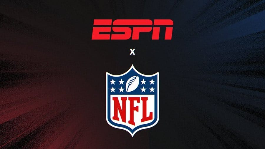 ESPN logo above the NFL shield logo, evoking a rivalry with NFL Network on a dark gradient background.