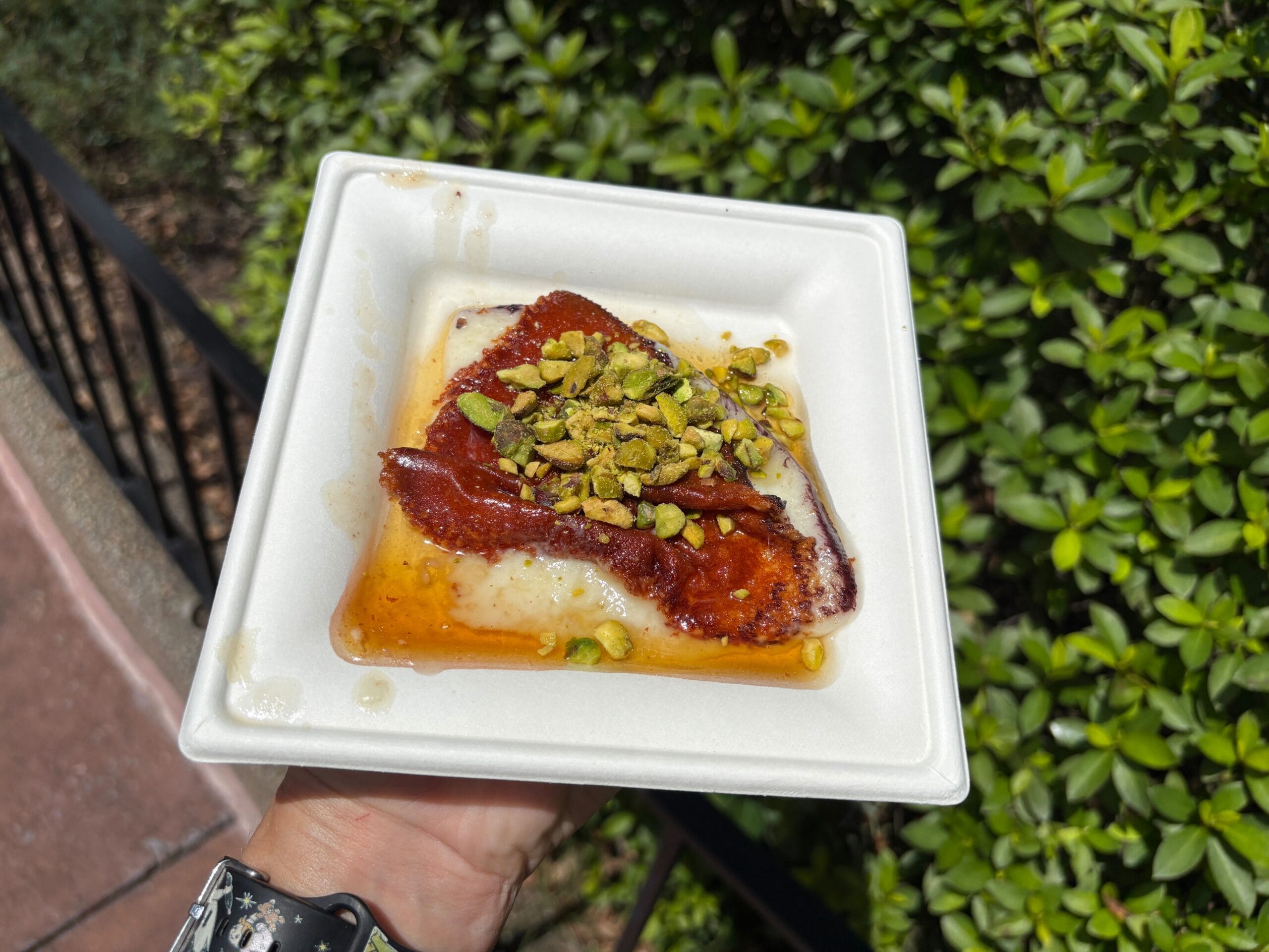A hand holds a plate of honey-drizzled cheese topped with pistachios, perfect for any Food & Wine lover.