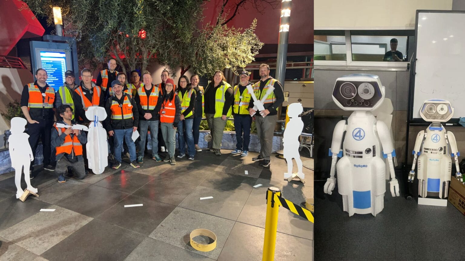 A group in safety vests stands beside cardboard robot cutouts, creating figures like HERBIE on the right.