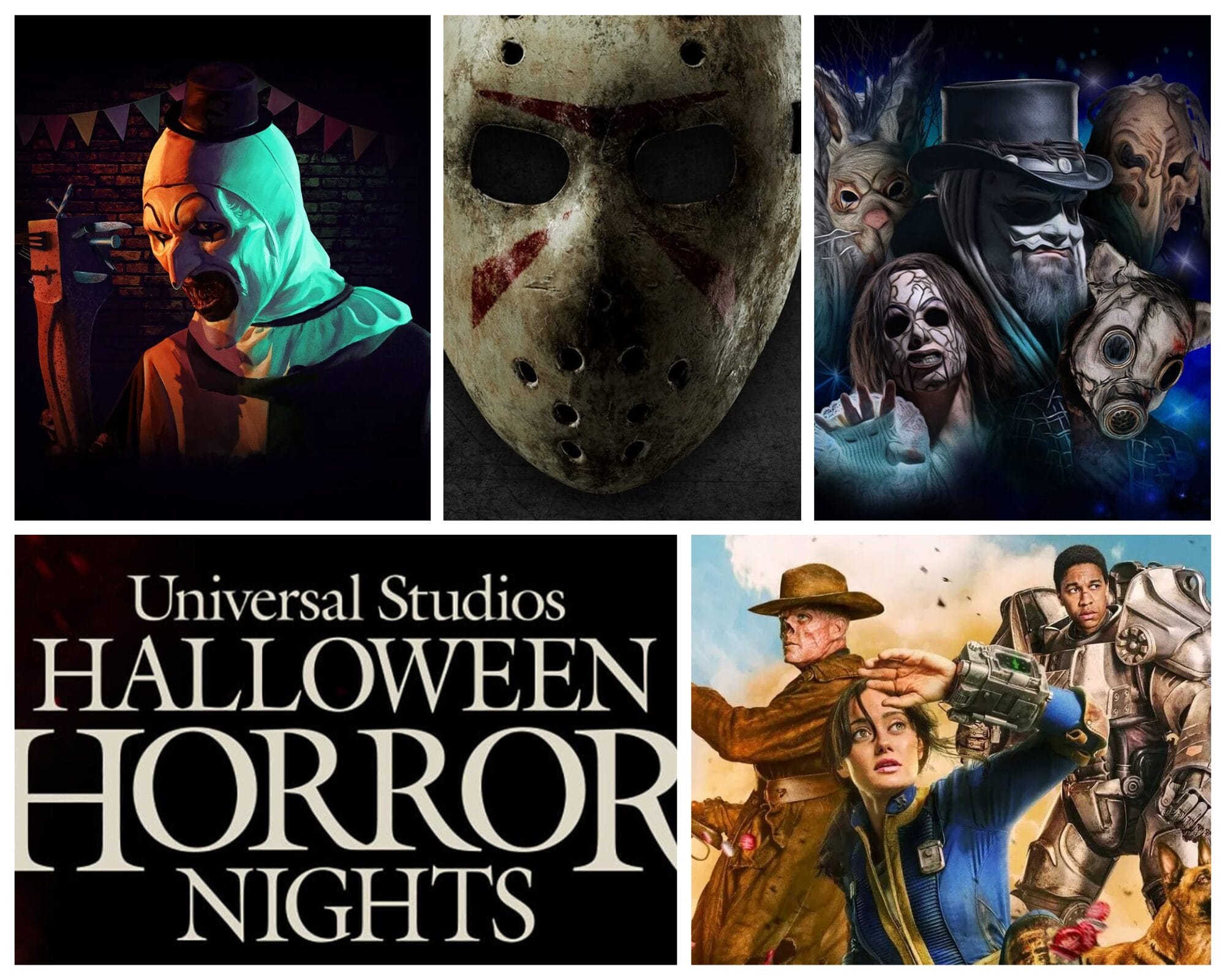 Fans flee as creepy horror icons and the Universal Catering logo fill a Halloween Horror Nights 2025 themed collage.