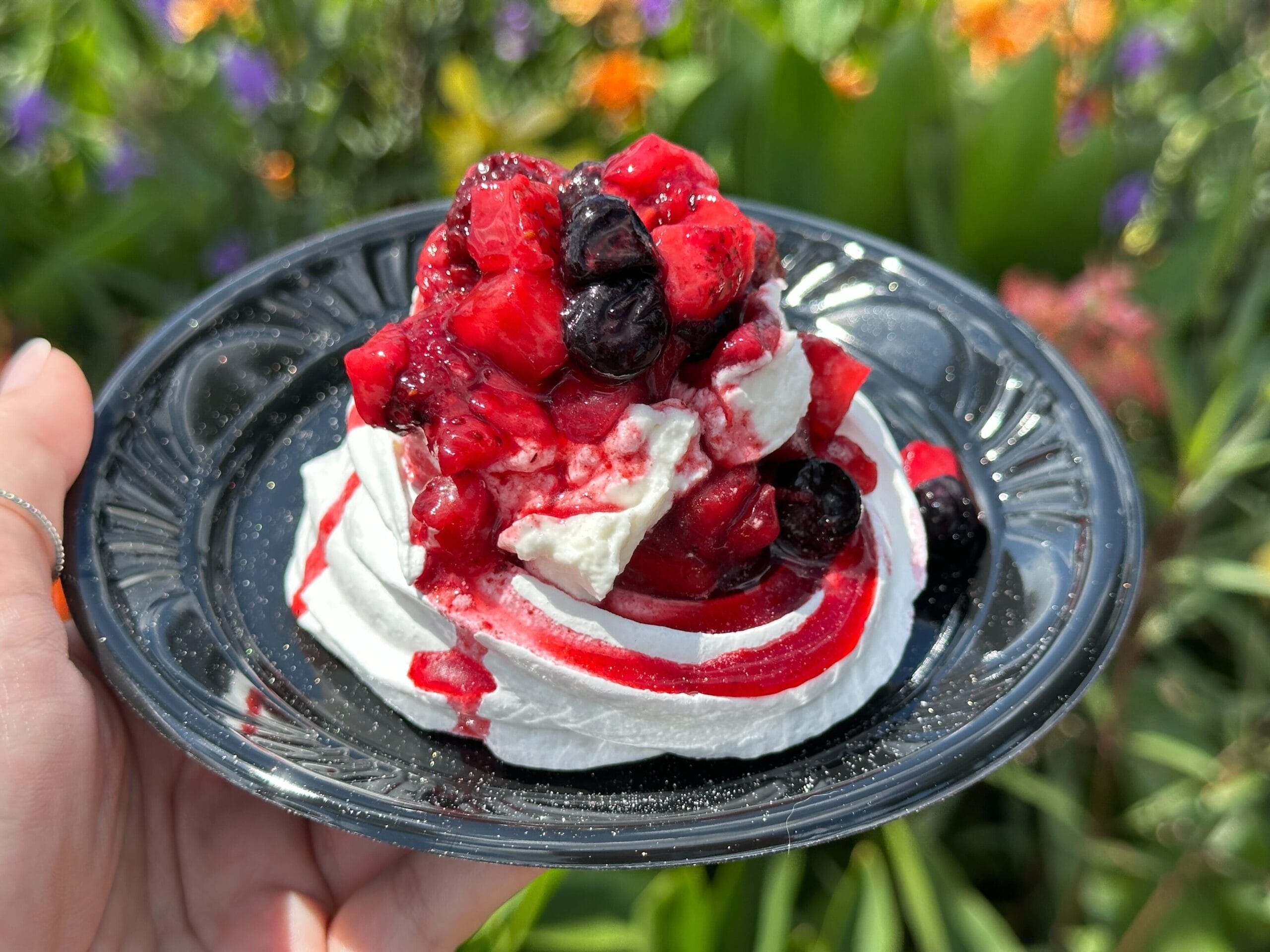 A hand holds a pavlova topped with whipped cream and berries at EPCOT’s 2025 Food and Wine Festival, greenery behind.