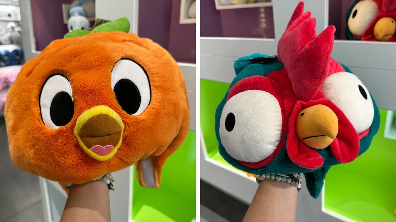 Two plush hand puppets—an orange bird and a colorful rooster—resemble Famous Fowl from Walt Disney World.
