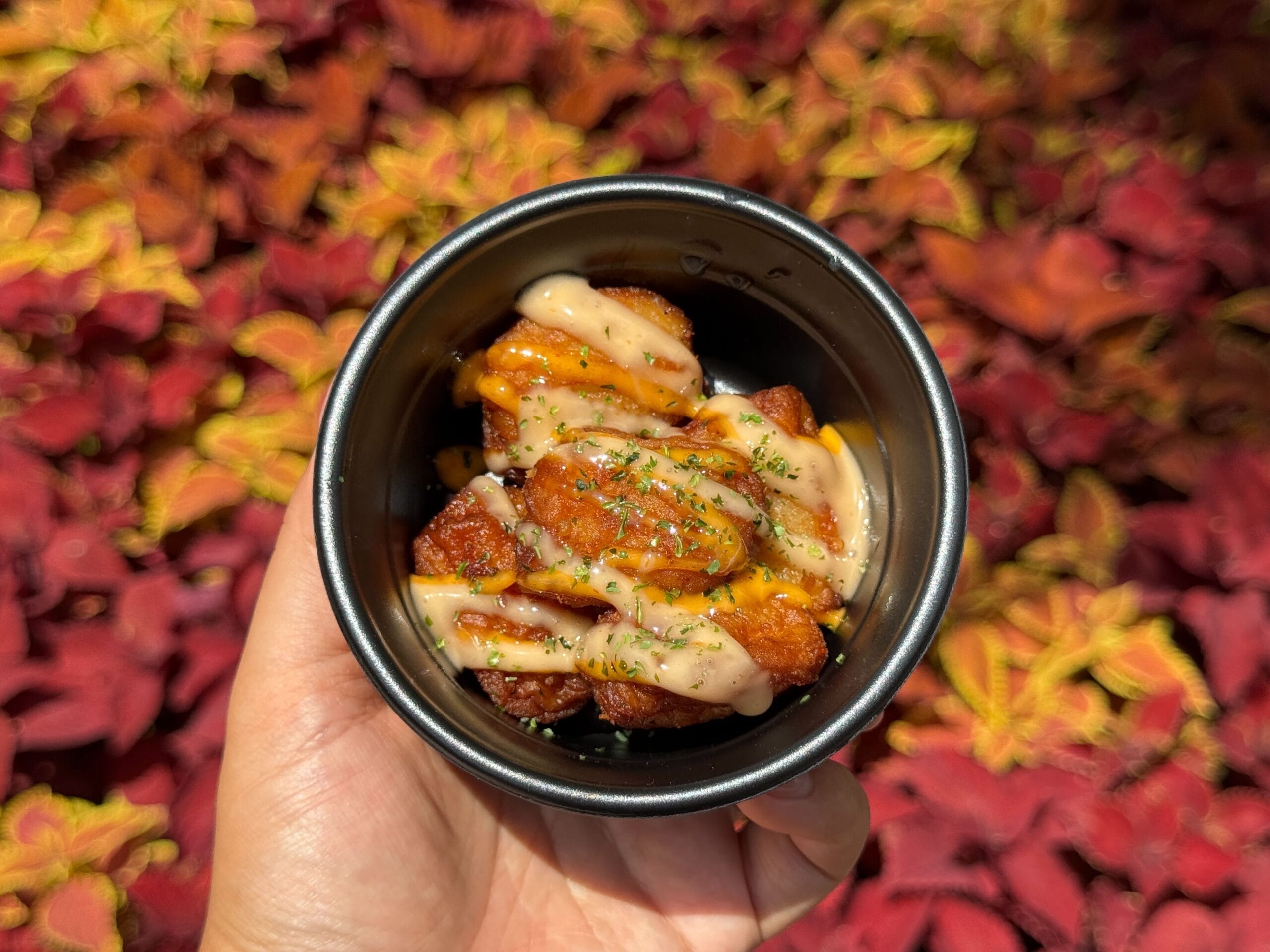A hand holds a black cup of fried chicken bites topped with creamy sauce, perfect for Food & Wine lovers, with fall leaves behind.