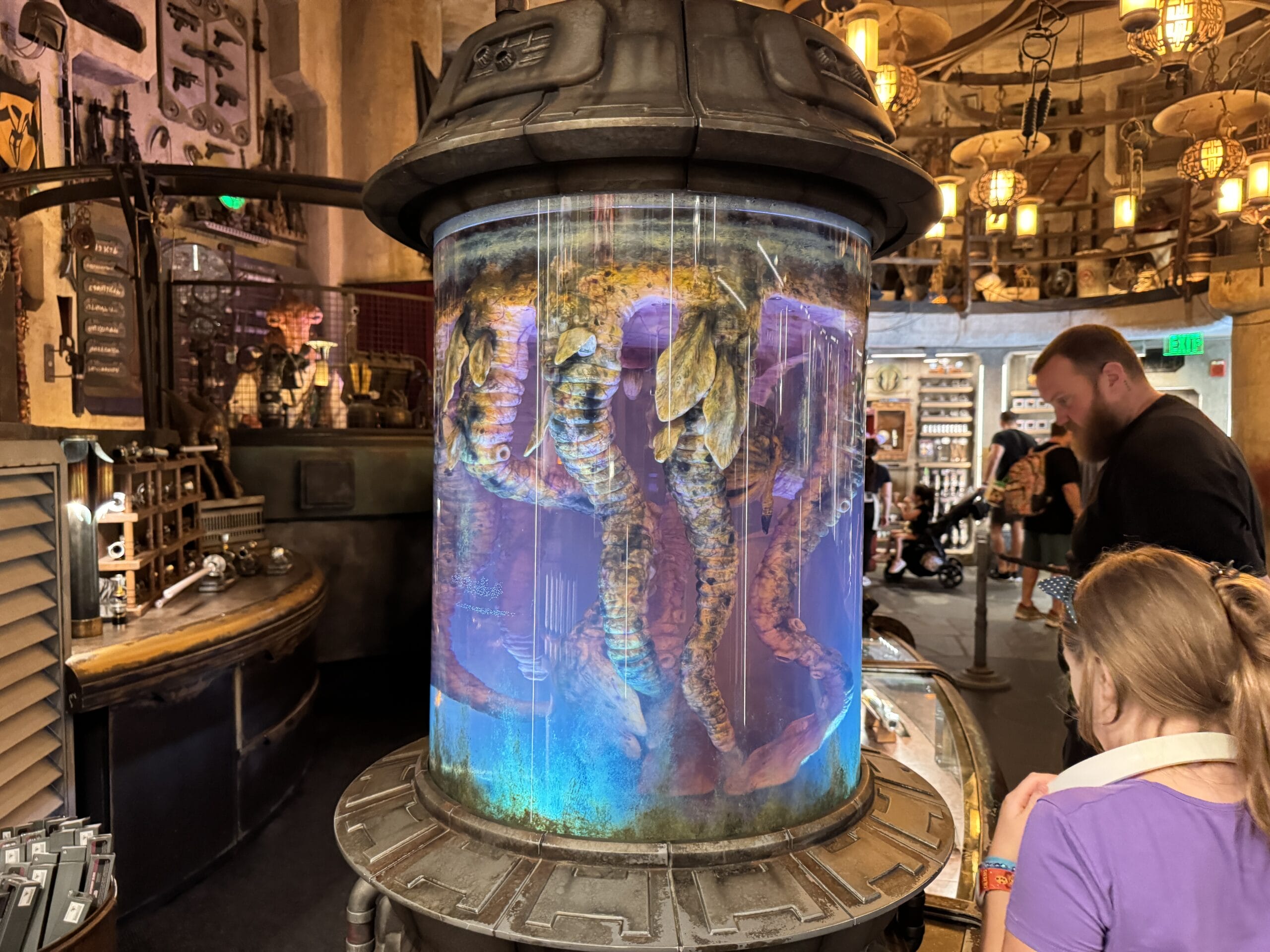 A 2025 PHOTO REPORT shows a large cylindrical tank with animatronic aliens at Hollywood Studios' sci-fi shop.