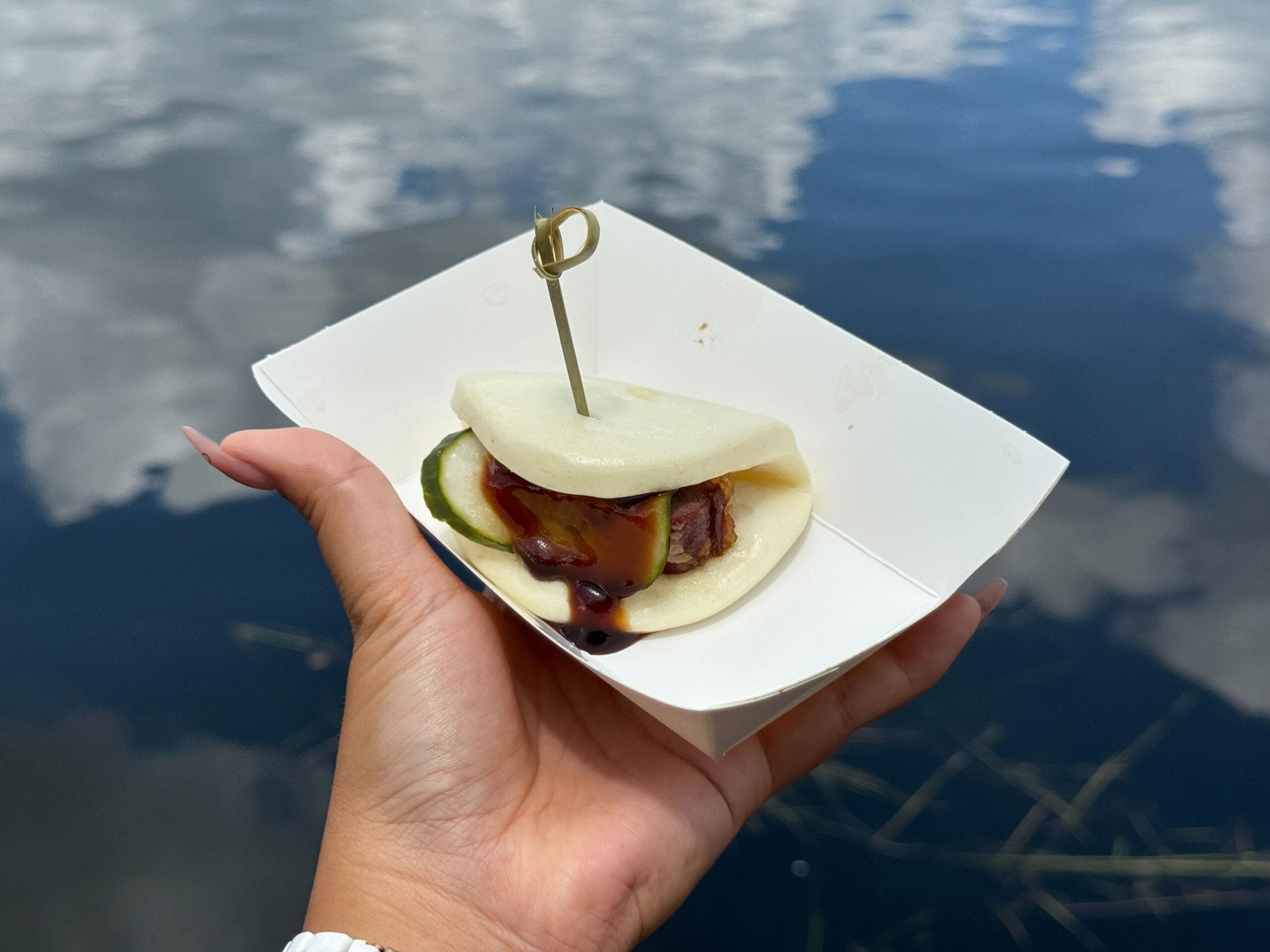 Hand holding a bao bun with meat, cucumber, and sauce in a paper tray at a Food & Wine event by the lake.