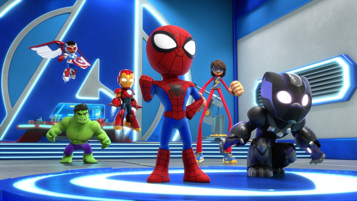 Animated Spider-Man, Hulk, and friends pose heroically in a high-tech room in this Disney Jr. Preschool Avengers Series.
